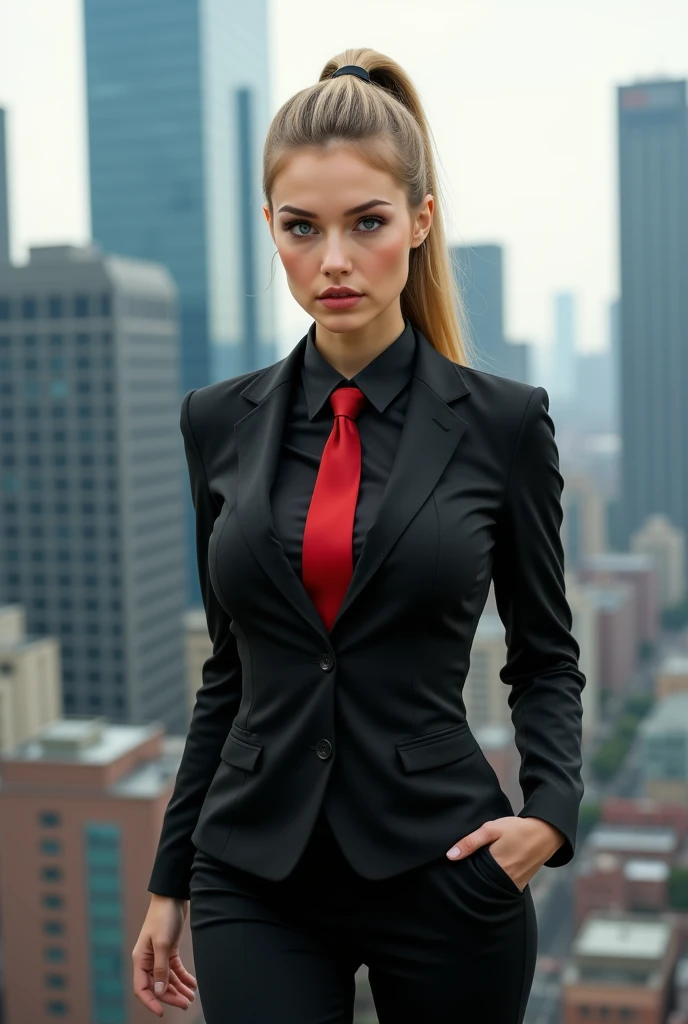 1 girl, Detailed face, Blue Eyes detalhados, blond, Long Ponytail, Blue Eyes, serious, , Huge breasts, Huge ass, Black clothing, Business suit, Red tie, pants, outdoor, City