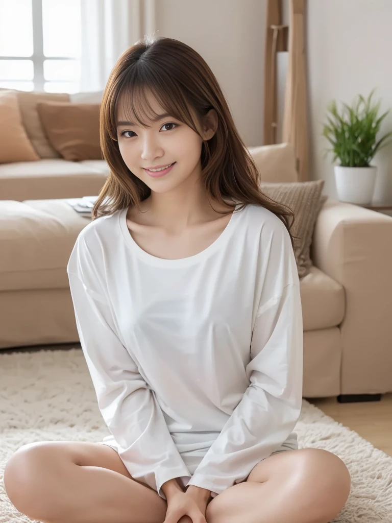 White tight shirt、a miniskirt、a bed、a smile、shortsleeves