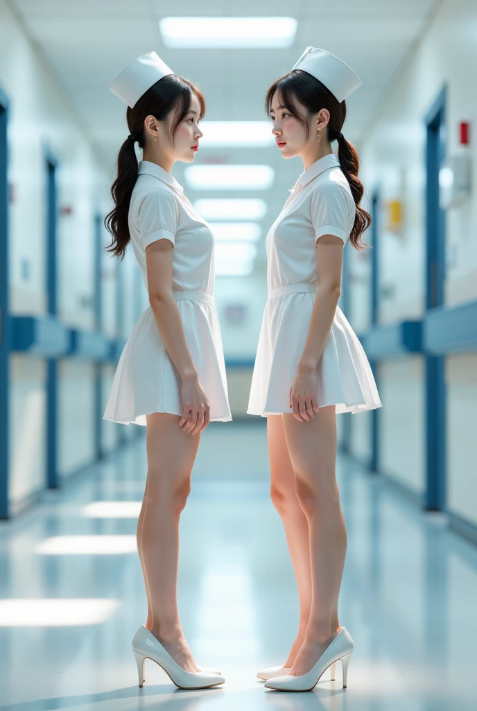 Innocent 2 girls，Huge :1.2,Cleavage:1.2、(Filming:1.3) (White nurse:1.5),( White skirt:1.5),(White nurse帽:1.5),(White nurse高跟鞋:1.5), angle:1.2、The background is the ward.、lol,shortcut、Original photo, (8K、high quality、masterpiece:1.2)、(intricate details:1.4)、(Practical:1.4)、Octane Rendering、Complex 3D rendering with ultra-details, Studio soft light, Rim Light, Vivid details, Super Detail, Practical skin texture, Detail face, Keen insight, Highly detailed CG Unity 16K wallpaper, , (Detailed background:1.2), Radiant Skin, whole body