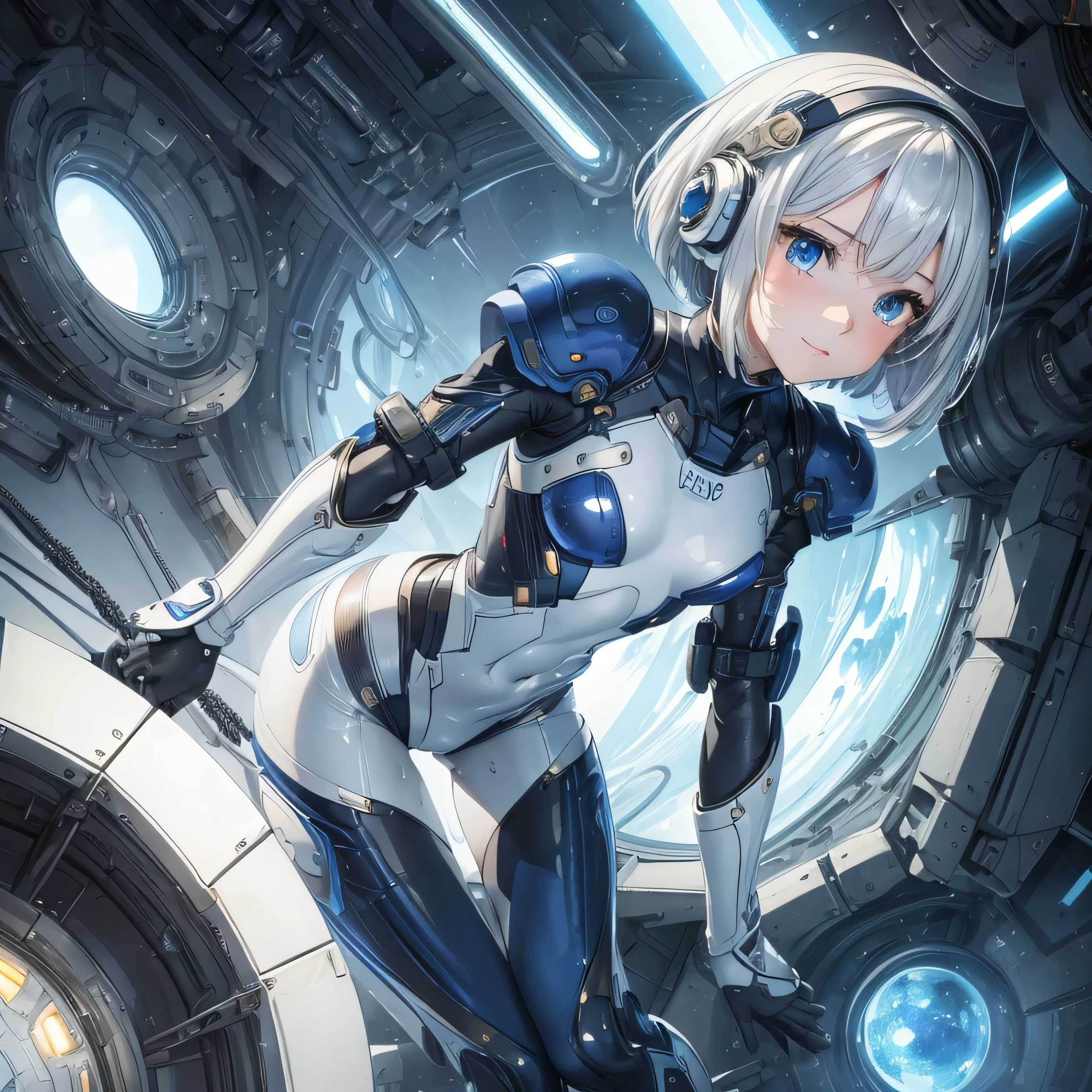 (masterpiece、highest quality、Highest Resolution、Clear_image、Detailed details、Angle from above): (Whole body、One 20 year old girl、Japanese Faces、Small Face、Slender、Navy blue super short bob cut hair、(Hidden small breasts:1.3)、Sparkling blue eyes、Shiny pilot suit in blue and black colors、Chest protection armor、Tight fitting clothes、Clothing that covers the whole body、Glamorous clothes、Tight Fit Pants、Hide your skin、Very delicate and beautiful、Detailed Skin、hide thighs、Hide your ass、Cute、A gentle smile、Soft expression、heroine、headset、Knee-high boots、Elbow-length gloves、Eye Level Shot、Face directly、Woman on a spaceship)