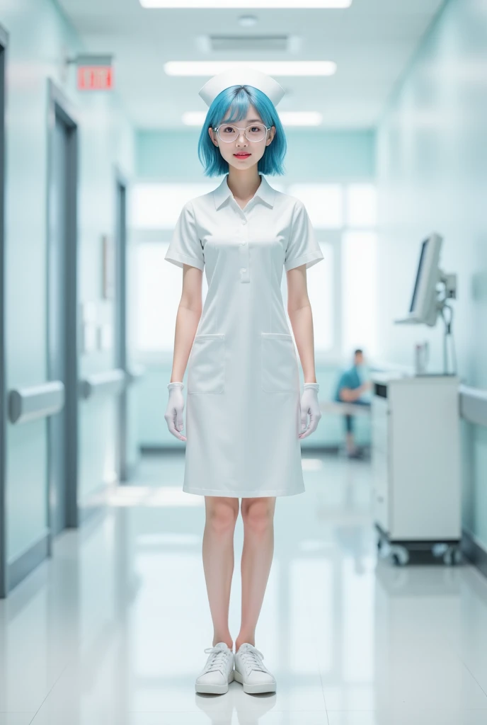 1 woman, Solitary, Nurse, Nurse cap, White clothing, ((White Leg Clothing, Absolute Domain)), White gloves, Glasses, Blue Hair, Orange Eyes, Pink lips, Standing, ((Hospital Room)), Clear outline, Short sleeve, Mature female, 3, Best quality, masterpiece