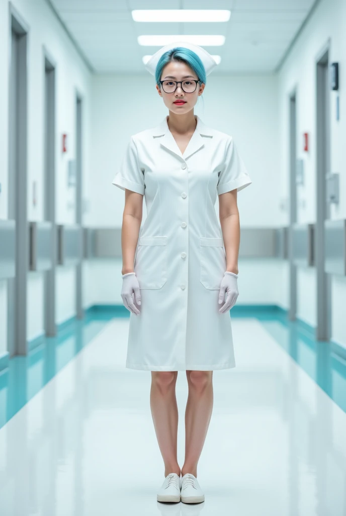 1 woman, Solitary, Nurse, Nurse cap, White clothing, ((White Leg Clothing, Absolute Domain)), White gloves, Glasses, Blue Hair, Orange Eyes, Pink lips, Standing, ((Hospital Room)), Clear outline, Short sleeve, Mature female, 3, Best quality, masterpiece