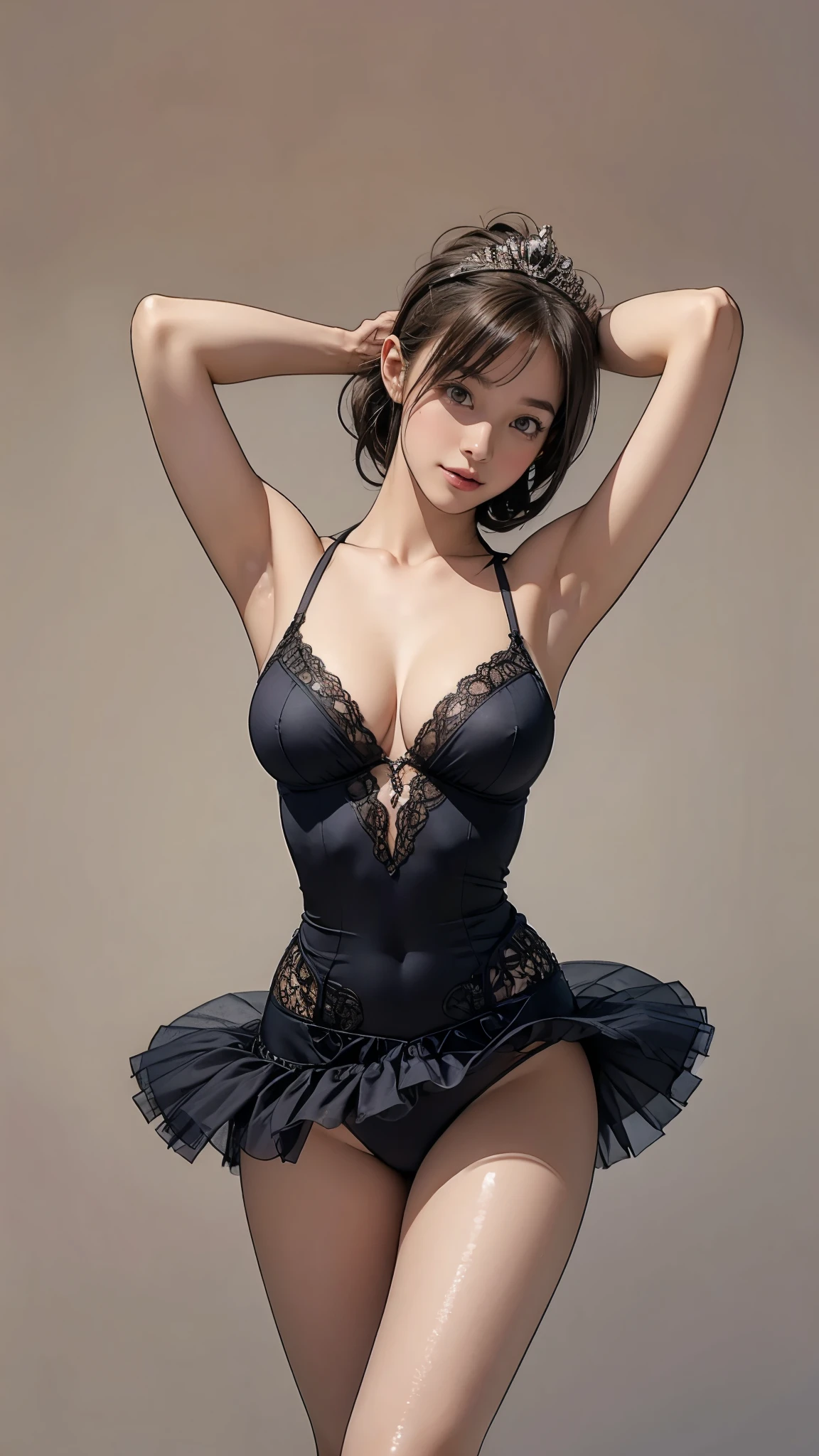 最high quality, High resolution, Realistic, Perfect Anatomy, Very detailed, Detailed face, Detailed body, high quality, (Place your arms behind your head:1.3), A kind smile, Large Breasts, Ballet Dancer, (Very form fitting costume:1.4, Extremely thin fabric), Cleavage, Droopy eyes, pretty girl, Young Face, Big beautiful breasts, ballerina, Very thin:1.5, Very thin waist:1.4, Sexy standing pose, Ballet Dance Room, ((Tutu, Tiara))