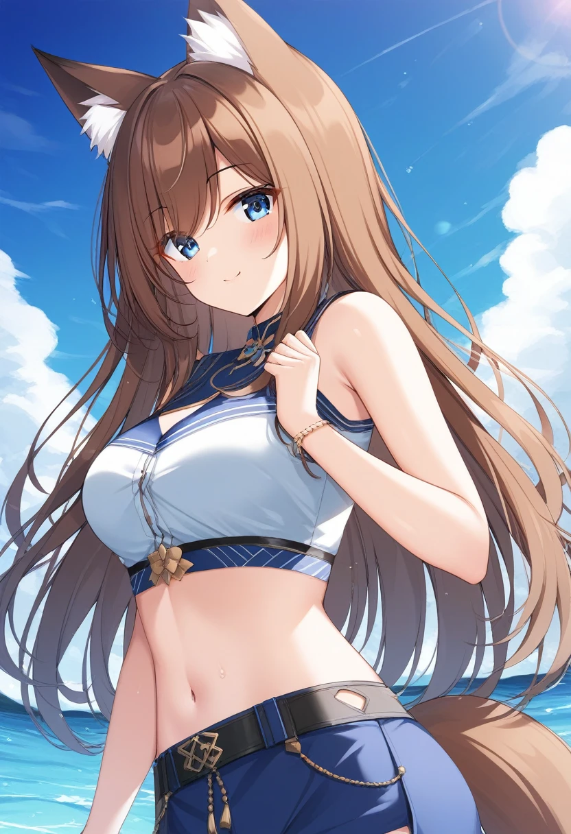 ((masterpiece,Highest quality;1.3,best illustration)),cowboy shot,1woman、25 year old beauty、独奏,((very small head:1.5)),brown hair,straight long hair,bangs,brown eyes,gorgeous eyes,blush,small breasts,((very long body:1.3)),((toned body,slender body:1.3,skinny)),gleaming skin,shiny skin,oily skin,(White tight T-shirt、denim micro shorts)、on street,Tokyo,