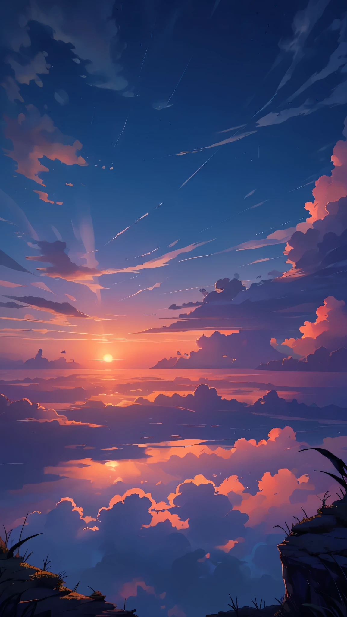 (best quality,highres,masterpiece:1.2),ultra-detailed, A stunning aerial view of the sky at sunset, with dense white clouds scattered across the horizon. The sky is dominated by warm tones of orange and pink, creating a dramatic yet serene effect as the sun sets. Below, a green landscape stretches softly into the distance, but the main focus is on the vibrant nuances of the sky, with its smooth color transitions. The clouds appear almost tangible, bringing a sense of depth and calm to the scene.

