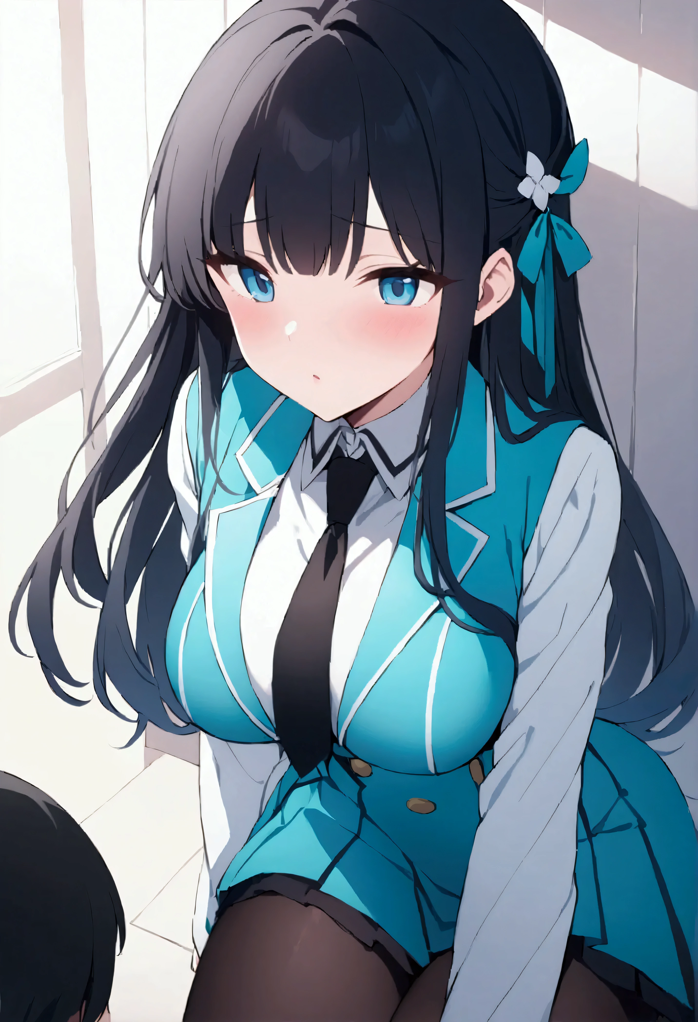 NSFW,masterpiece,Best Quality,High resolution,Very detailed,Shiba Miyuki\(The Irregular at Magic High School\),Long Hair、blue eyes、Black Hair、Hair accessories、ribbon、ヘアribbon、雪の結晶のHair accessories、bangs、鈍いbangs、Long sleeve、dress、uniform、pantyhose、tie、白いdress、黒いtie