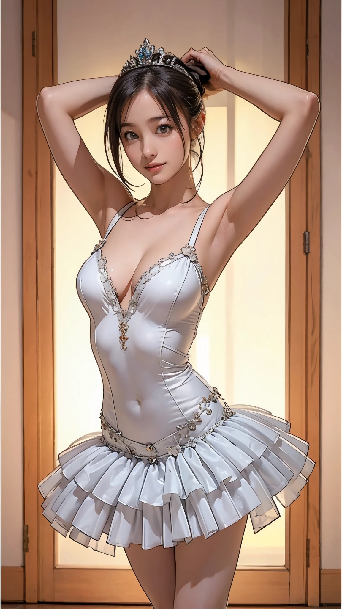 最high quality, High resolution, Realistic, Perfect Anatomy, Very detailed, Detailed face, Detailed body, high quality, (Place your arms behind your head:1.3), A kind smile, Large Breasts, Ballet Dancer, (Very form fitting costume:1.4, Extremely thin fabric), Cleavage, Droopy eyes, pretty girl, Young Face, Big beautiful breasts, ballerina, Very thin:1.5, Very thin waist:1.4, Sexy standing pose, Ballet Dance Room, ((Tutu, Tiara))