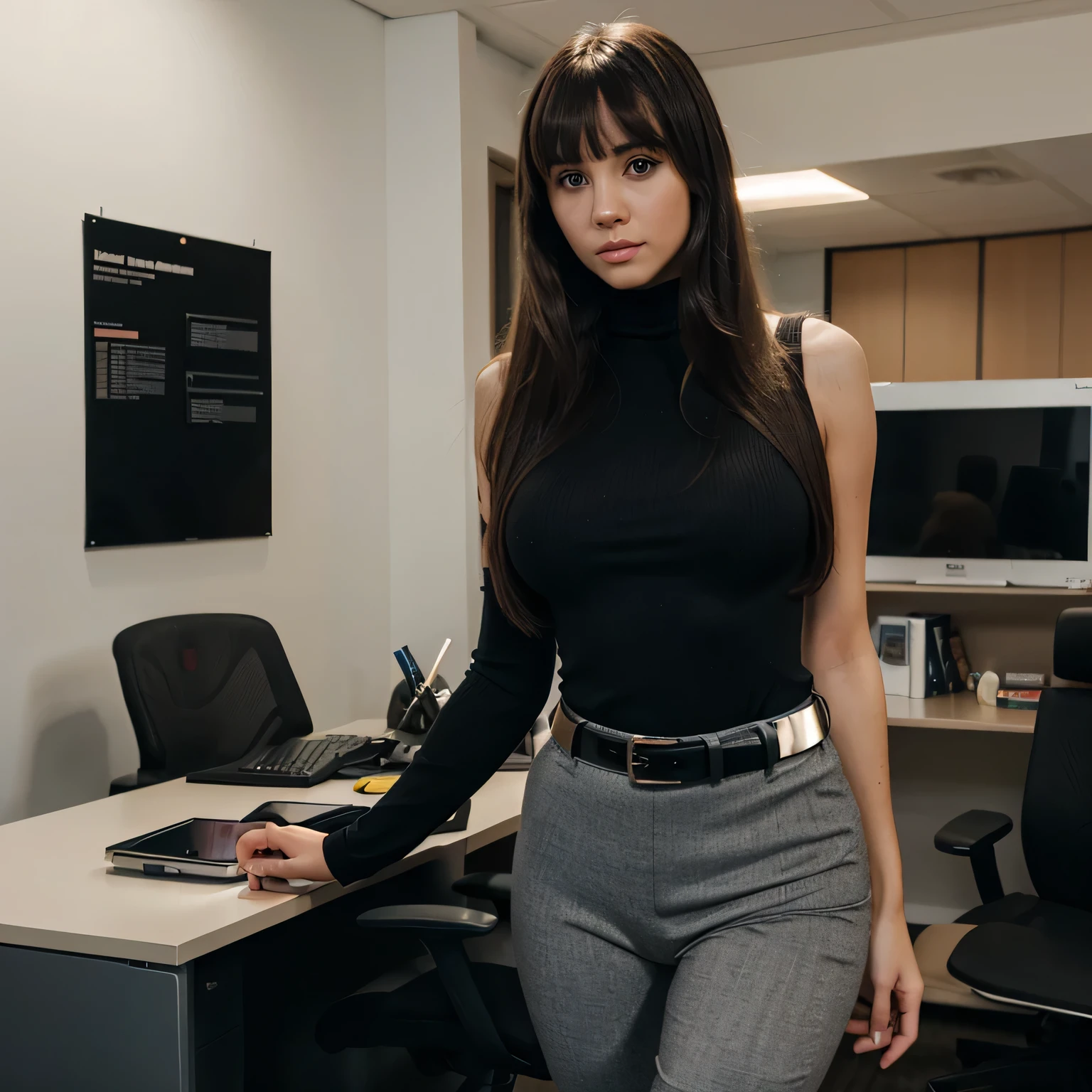 fille,jeune,20 ans,belle lèvre,sophie mudd,visage lisse,visage rond, seductive smile, sophie mudd, leather jumpsuit, exposed cleavage, work office