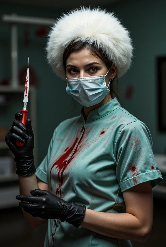 Surgical nurse wearing a fluffy hat、Surgical masks、Face mask and black latex gloves,Handheld scalpel,All the PPE was covered in blood.,Red eyes