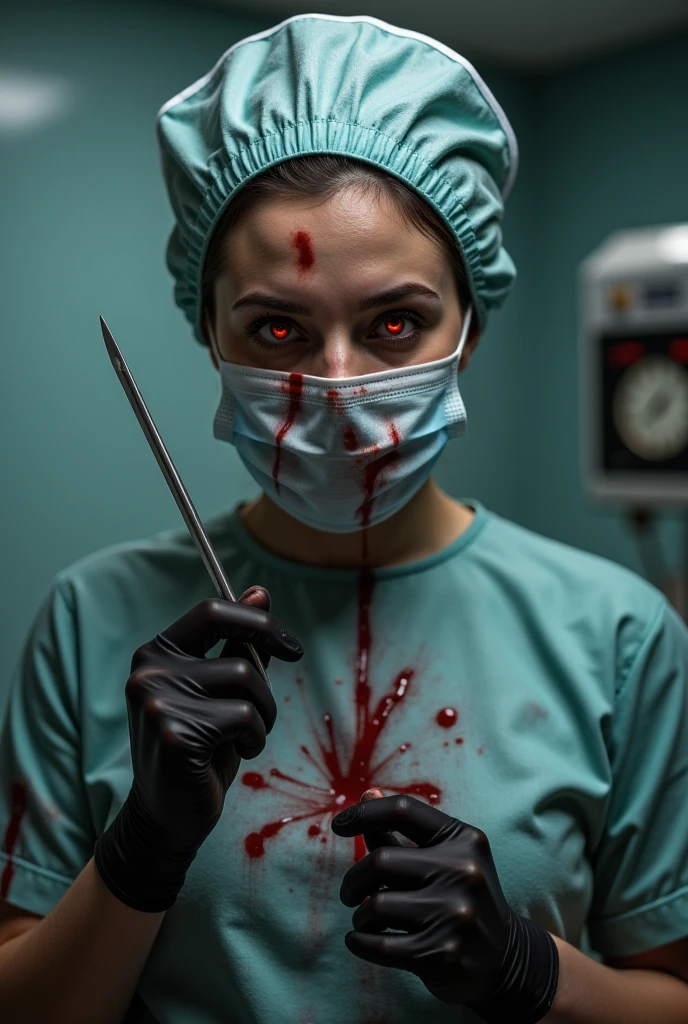 Surgical nurse wearing nurse hat、Surgical masks、Face mask and black latex gloves,Handheld scalpel,All the PPE was covered in blood.,Red eyes