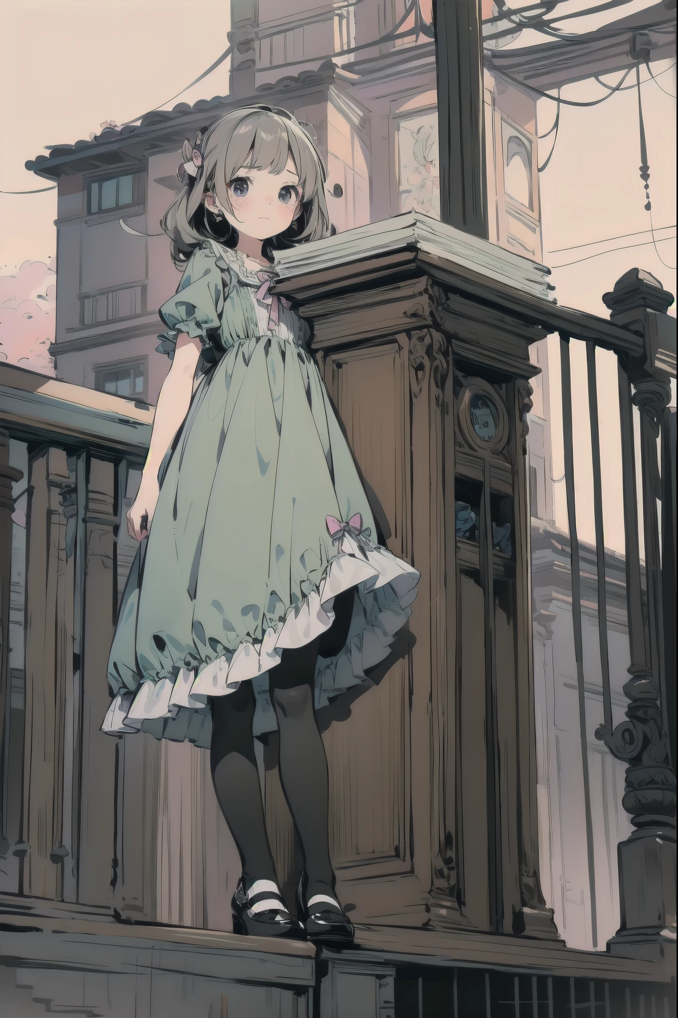 masterpiece, one person, very beautiful, cute, adorable, shy, one person, look at the viewer, look up, kawaii tech, pastel colors, very beautiful, cute, adorable, shy, less revealing pretty dress, ruffle, lace, ribbon, corset, (black tights:1.2), Cinderella's shoes
