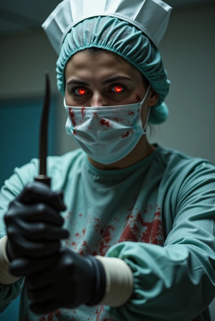 Surgical nurse wearing nurse hat、Surgical masks、Face mask and black latex gloves,Handheld scalpel,All the PPE was covered in blood.,Red eyes