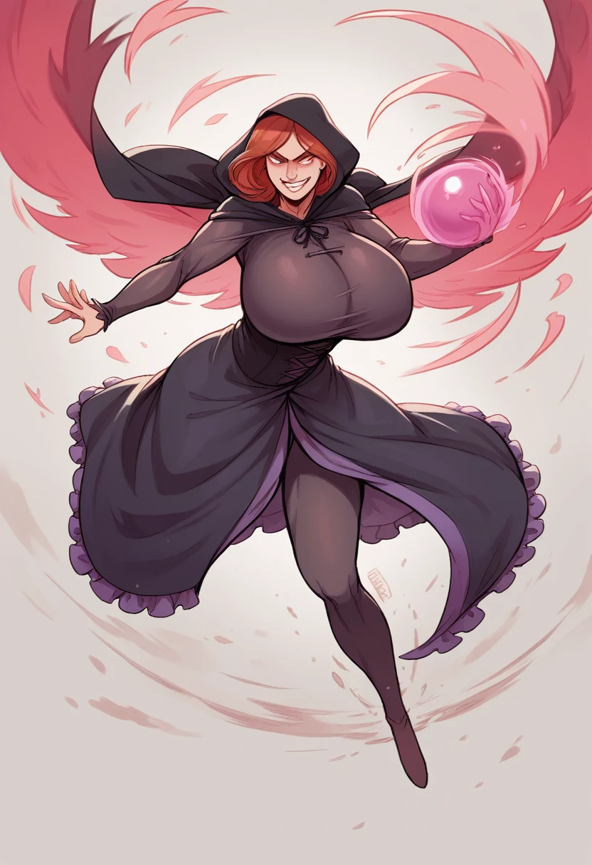 1 woman, alone, powerful, magical. Large hooded robe, (hood hides her eyes, Visible nose and evil smile) Victorian dress very tight to the body, voluptuous, curvy. Huge breasts, saggy breasts, ready for a fight, Flying, doing magic with his hands. In his hands a very bright ball of magic. 