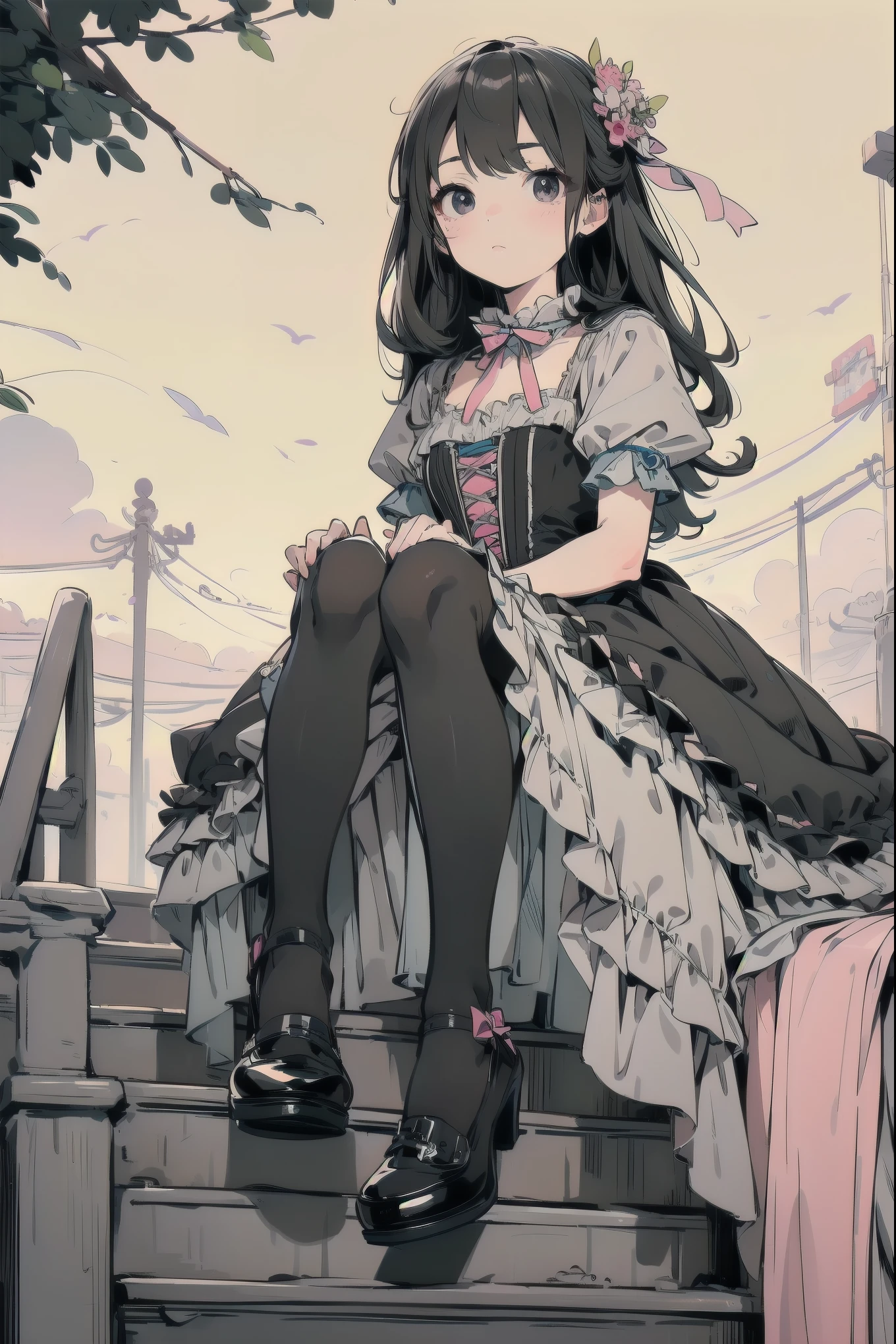 masterpiece, one person, very beautiful, cute, adorable, shy, one person, look at the viewer, look up, kawaii tech, pastel colors, very beautiful, cute, adorable, shy, less revealing pretty dress, ruffle, lace, ribbon, corset, (black tights:1.2), Cinderella's shoes
