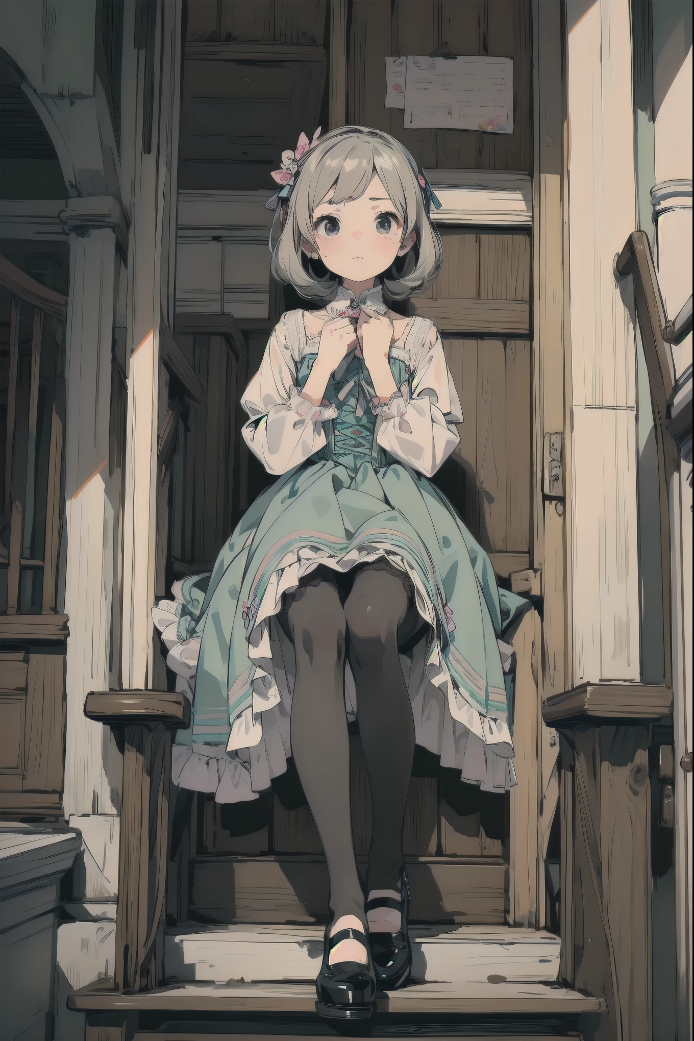 masterpiece, one person, very beautiful, cute, adorable, shy, one person, look at the viewer, look up, kawaii tech, pastel colors, very beautiful, cute, adorable, shy, less revealing pretty dress, ruffle, lace, ribbon, corset, (black tights:1.2), Cinderella's shoes
