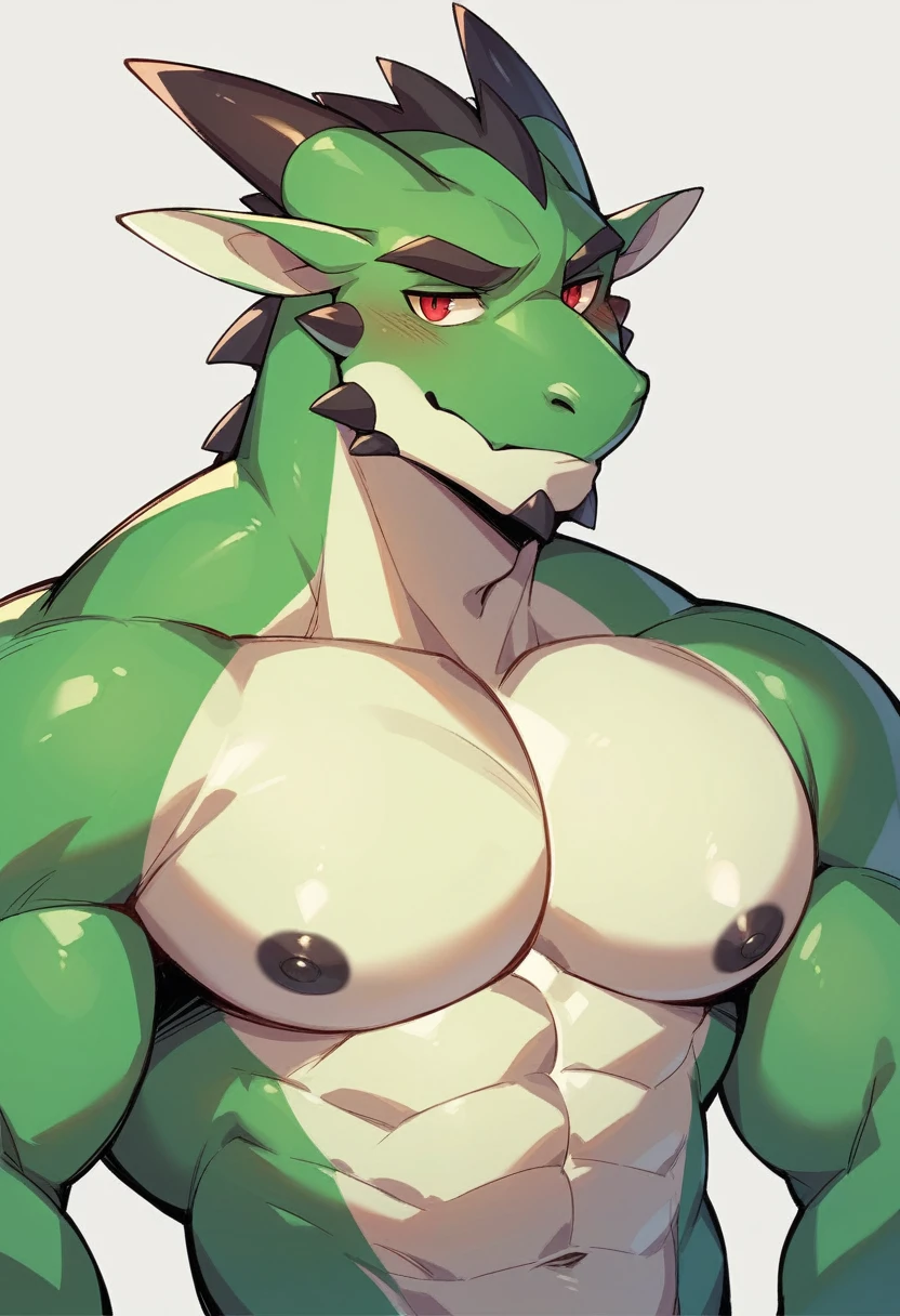 Shendu, male, Alone, muscular, prominent pectorals, big muscles, big male thighs, strong arms , Dark green body color, Bright red eyes, naked, Bathhouse, legs submerged in water, Fog in the background, wet body, big penis, uncut penis, cola, scales, hairless, claws, hands on the hips, standing, smiling, dragon teeth, Front view, sexy, (depth of field, Wide dynamic field, low angle shot)), (por null ghost, by Darkgem, by Chunie)