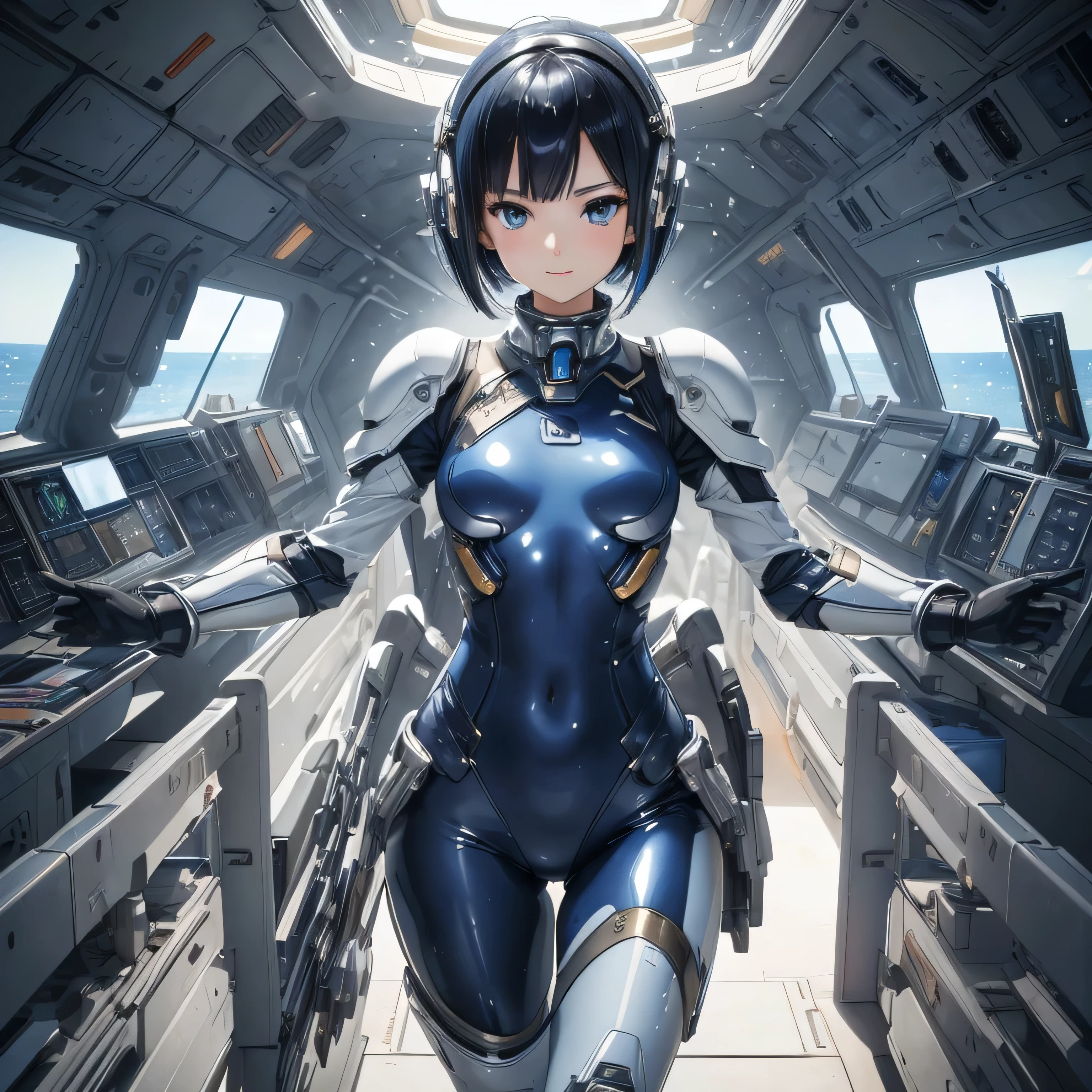 (Masterpiece, Best Quality, Best Resolution, distinct_image, Very Elaborate CG, Cinematic Lighting, Ray Tracing, Drop Shadows, Detailed Detail, (Photorealistic: 1.4), High Quality Textures, Fine-grained, Realistic Face Expression): (Single Girl, Face Japan Person, Blue Haired Girl, Short Cut, Lying, Small Size Breasts, Detailed Gundam cockpit with sparkly blue colored eyes, eye-level shots, metallic white and blue colored flight suits, tight-fitting clothes, full-body covering clothes, light smile, beauty, slim body, exoskeleton, heroine, headset, knee boots, solo ride)