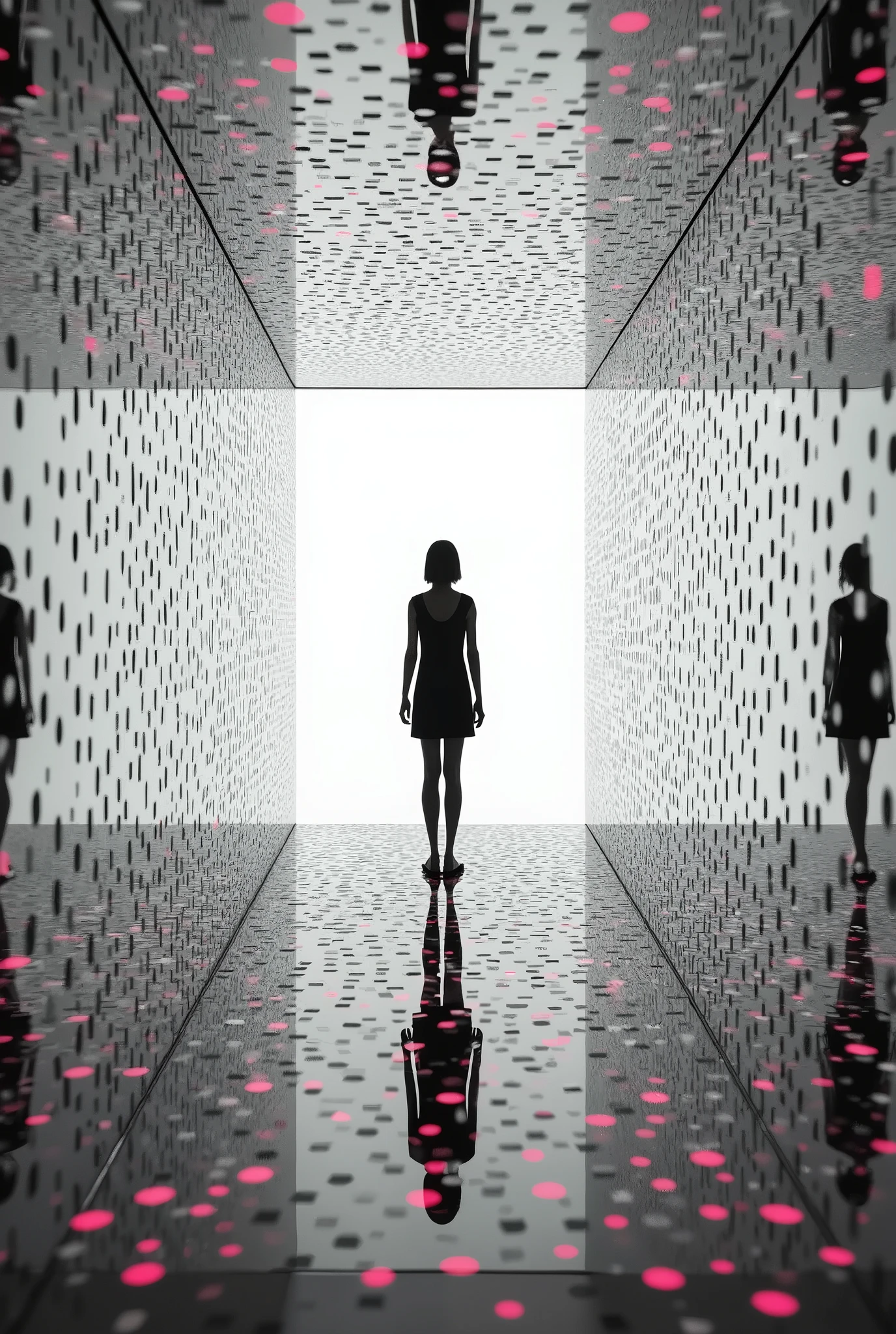 minimalist image，Infinity Mirror Room，author：Yayoi Kusama，Pop art fusion、Elements of minimalism and psychedelic art