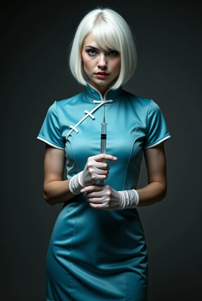 Nurse in blue dress,Short straight white hair, cat&#39;Eye iris,Sharp Teeth,Wear gloves,Holding a syringe，Cheongsam skirt