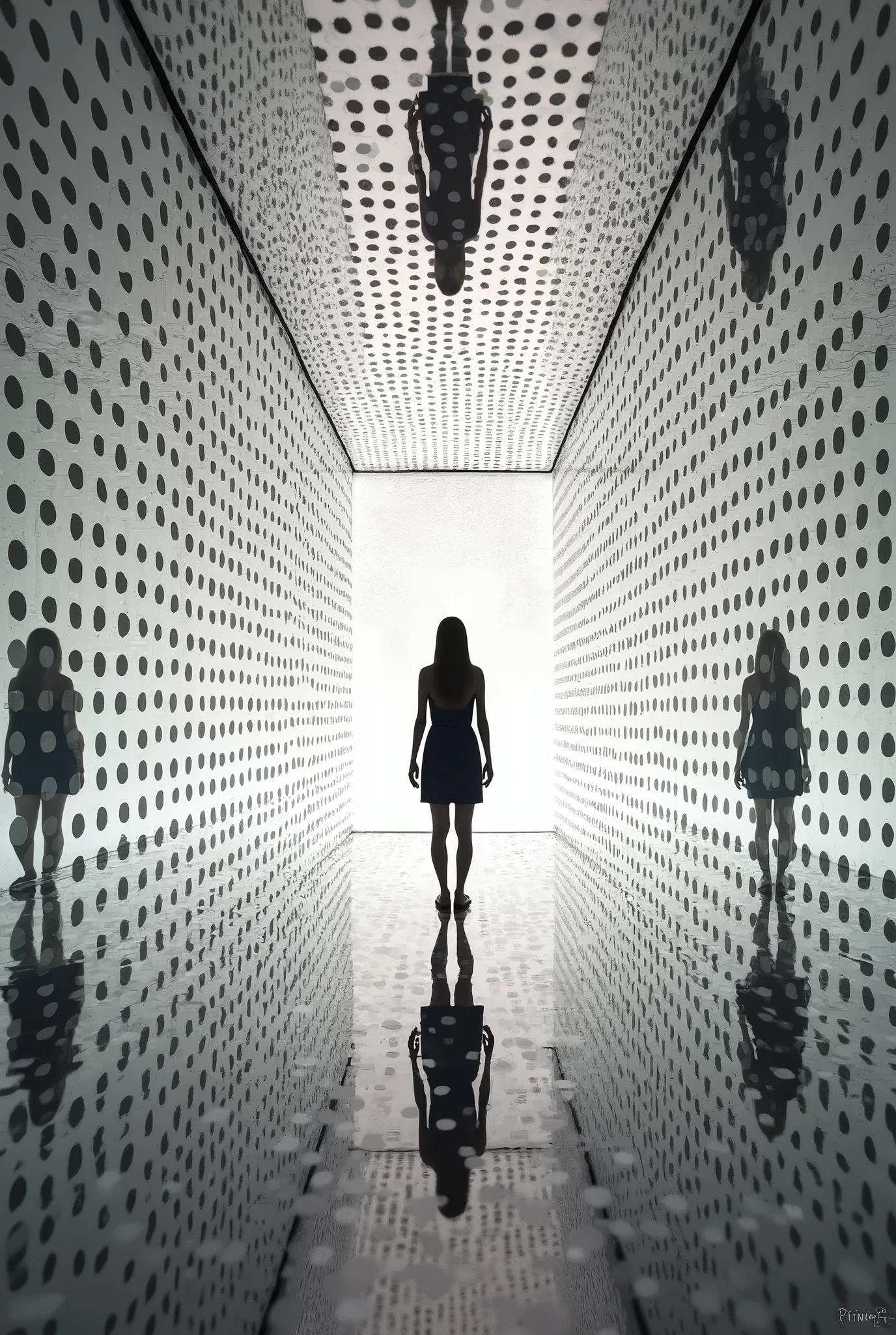 minimalist image，Infinity Mirror Room，author：Yayoi Kusama，Pop art fusion、Elements of minimalism and psychedelic art