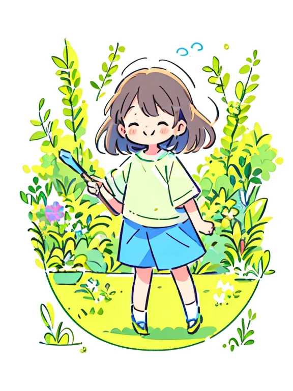 (Flattening，UI vector style), (1 girl，Green garden sketch:1.5)，rosy cheeks，bright smile，wearing casual，cozy clothings，garden，On the grass，blue sky，dense with greenery，flowers bloom, Bright colors，Cheerful atmosphere，(Simple illustration)，(smooth line art:1.2), (minimalism), White background，(graphic design aesthetics)，(flat illustratiotomically correct)