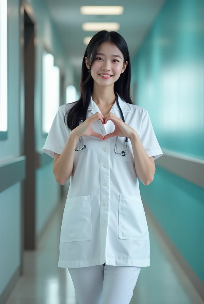 photorealistic, photograph, medium shot, standing, smiling beautiful Japanese female doctor making cheek_heart, slim hourglass figure, narrow waist, beautiful detailed face, black hair, pale skin, fair skin, realistic skin, detailed cloth texture, detailed hair texture, Perfect proportion, Anatomically correct, Highly detailed face and skin texture, private modern hospital room, looking at viewer, asian face , perfect anatomy, realistic,