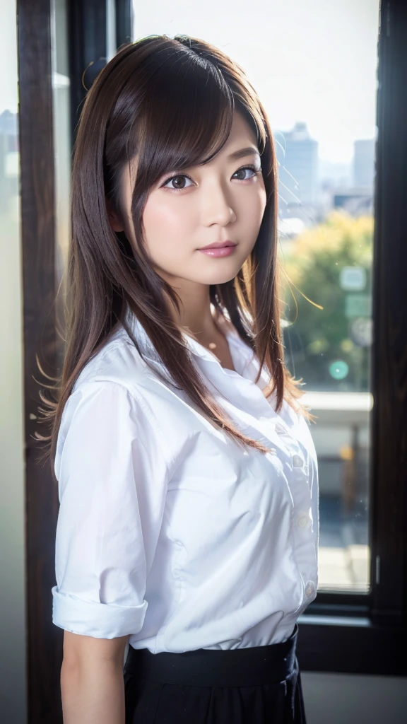 30-year-old woman,Long face,Black Hair,Asian,Long Hair,Long Bangs,Blue Eyes,White Shirt,Leather pants