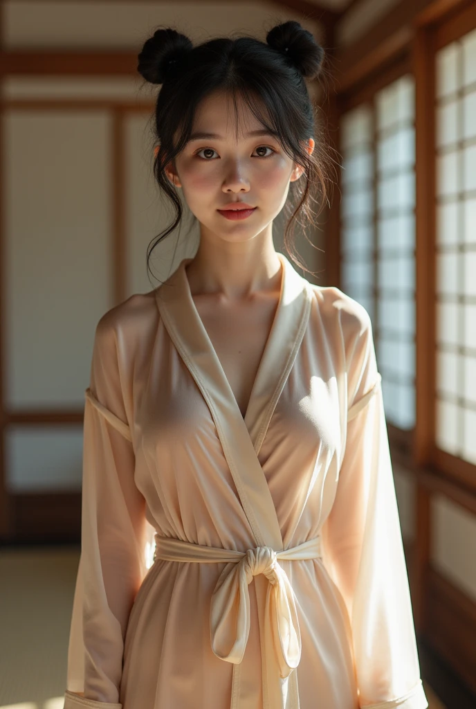 (), 1 woman, Solitary, 2, 7 heads, (Cute face), (Ideal body proportions), Traditional Japanese room, (((Bathrobe))), ((Buns)), ((focus)), Wet, The clothes are transparent, Smiling face, Long , White skin, Small, Slim, Black Hair, Short hair, , Small臀部, Thin legs, Surrealism, movie lighting, Depth of Field, Single player perspective, F/1.8, 135 mm, nffsw, desktop, precise, Anatomically correct, Textured Skin, Super Detail, High Detail, high quality, Awards, Best quality, high resolution, 8K