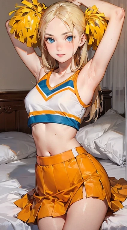 1girl, Angle from the front, ((前かがみになり胸を強調してChestを見せつける)), (Moonlit night)、(On the roof of a building)、thighs、(shiny White skin:1.6)、blue eyes, ((Slim figure)), (12 years old girl), (A sadistic and malicious grin), (sexy pose)、(grin), (Shiny blonde hair)、Long hair, (forehead), Chestに青いリボン, (Big red ribbon), ((Sailor Venus))、Sailor suit、(Orange pleated mini skirt)、Underboob、belly button、Chest、I&#39;m lifting my leg、((footjob)), 1boy, penis, ((eject cum)), 
