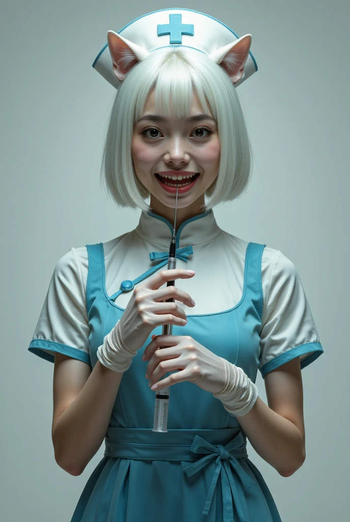 Nurse in blue dress,Short straight white hair, cat&#39;Eye iris,Sharp Teeth,Wear gloves,Holding a syringe，Cheongsam skirt，Chinese clothes