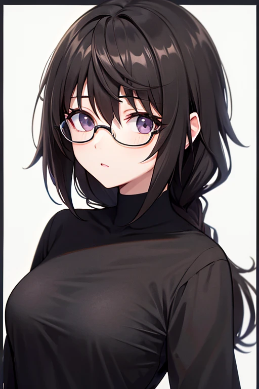 dark brown hair and face with glasses girl black shirt and black pants and a black background 