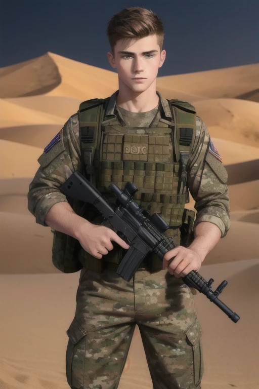 Photo realistic. A handsome, twenty-four-year-old, fit Caucasian male soldier, with fade-cut, brown hair, and blue eyes, shirtless, wearing camouflage cargo pants, in an army camp, in a middle eastern desert, at night.