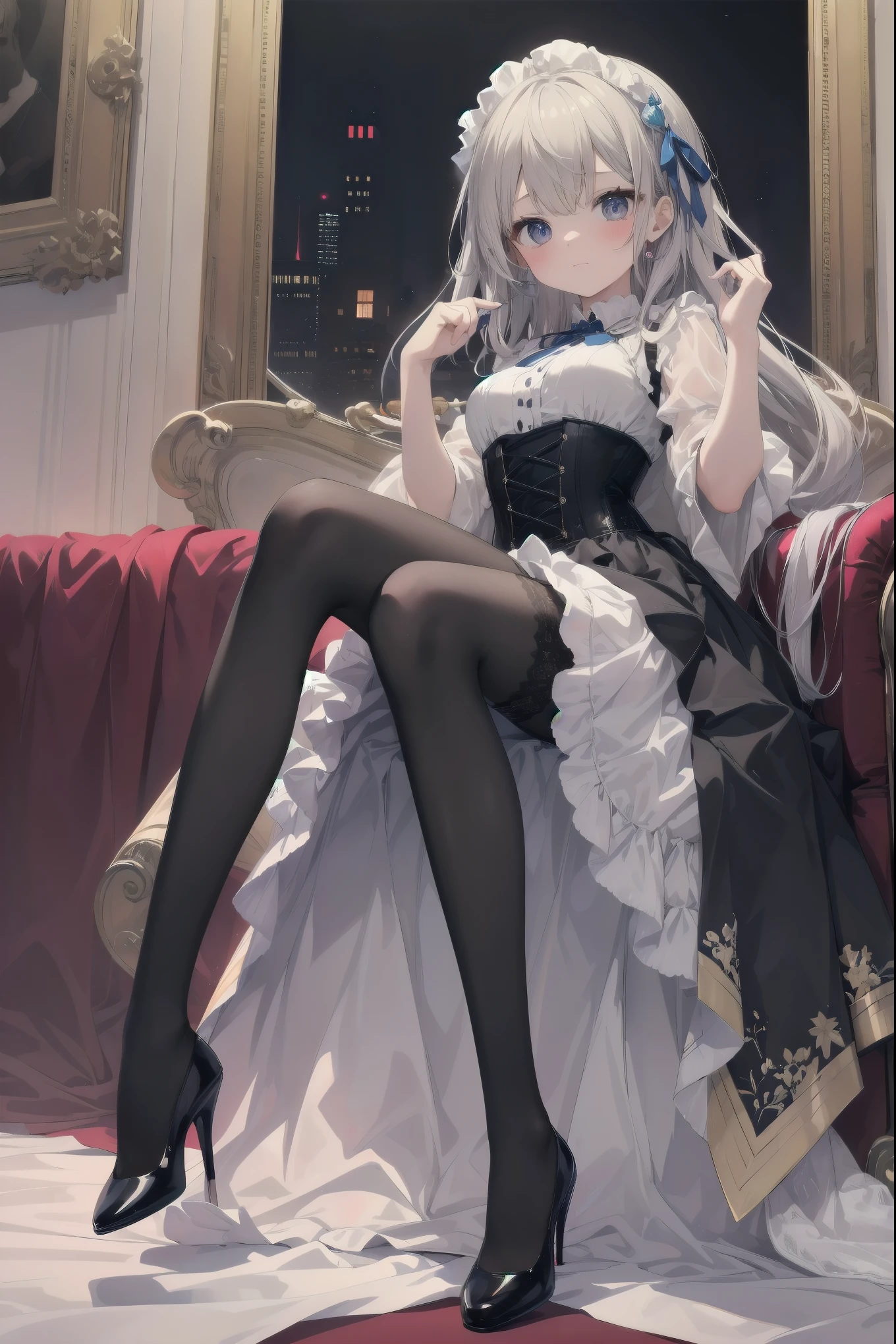 {{masterpiece}},best quality,Highly detailed CG Unity 8K wallpaper,One woman,movie lighting,lens flare glow,
perfect style, perfect body, clear beautiful eyes, long eyelashes, Young girl with long flowing silky silver-gray hair, cold red eyes, cold expression and aura, White cotton blouse with delicate ruffles on the sleeves and collar. Her gray leggings hugged her slender legs perfectly, Her practical yet stylish shoes、It came with pink laces and durable soles..