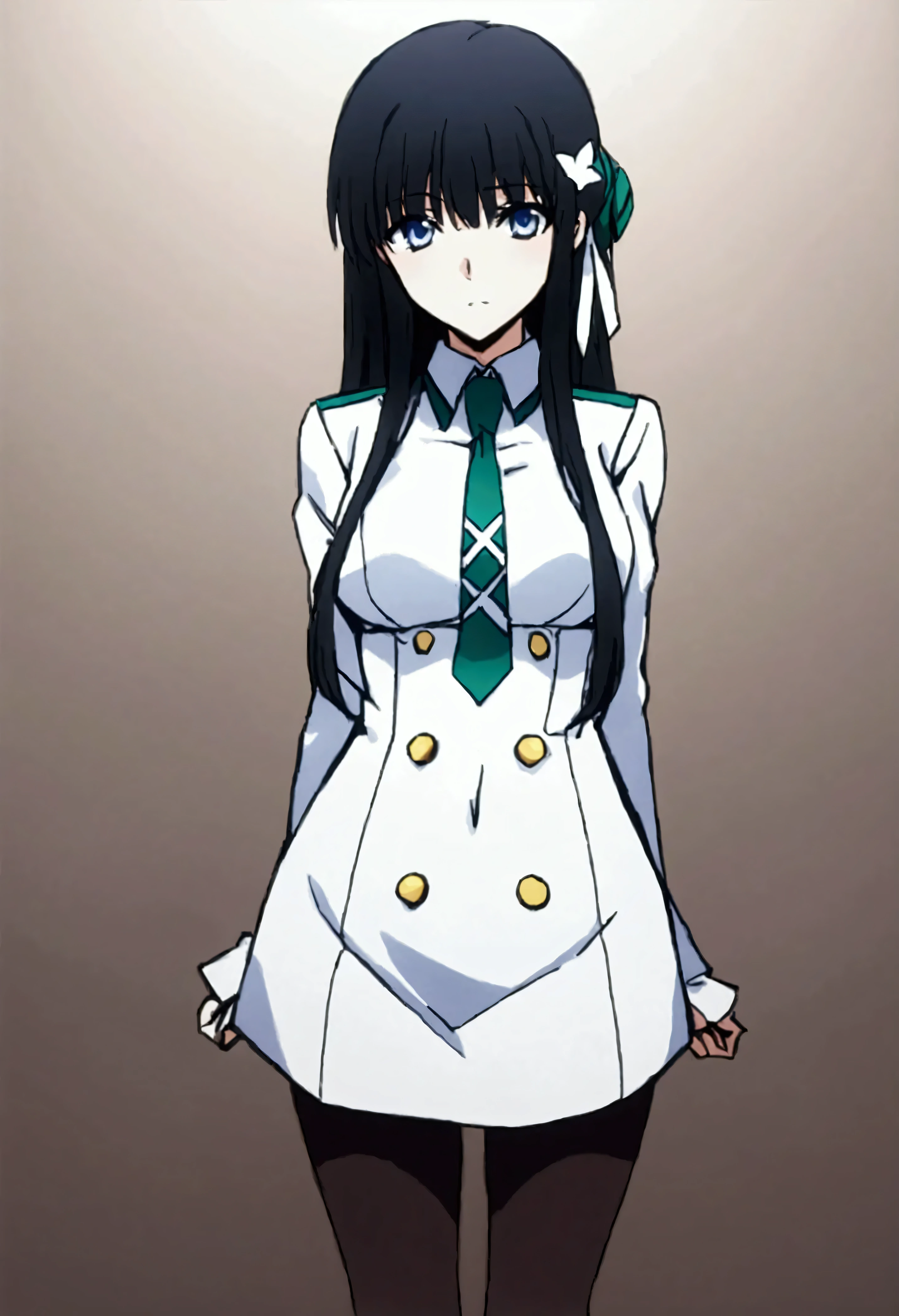 NSFW,masterpiece,Best Quality,High resolution,Very detailed,Shiba Miyuki\(The Irregular at Magic High School\),Long Hair、blue eyes、Black Hair、Hair accessories、ribbon、ヘアribbon、雪の結晶のHair accessories、bangs、鈍いbangs、Long sleeve、dress、uniform、pantyhose、tie、白いdress、黒いtie