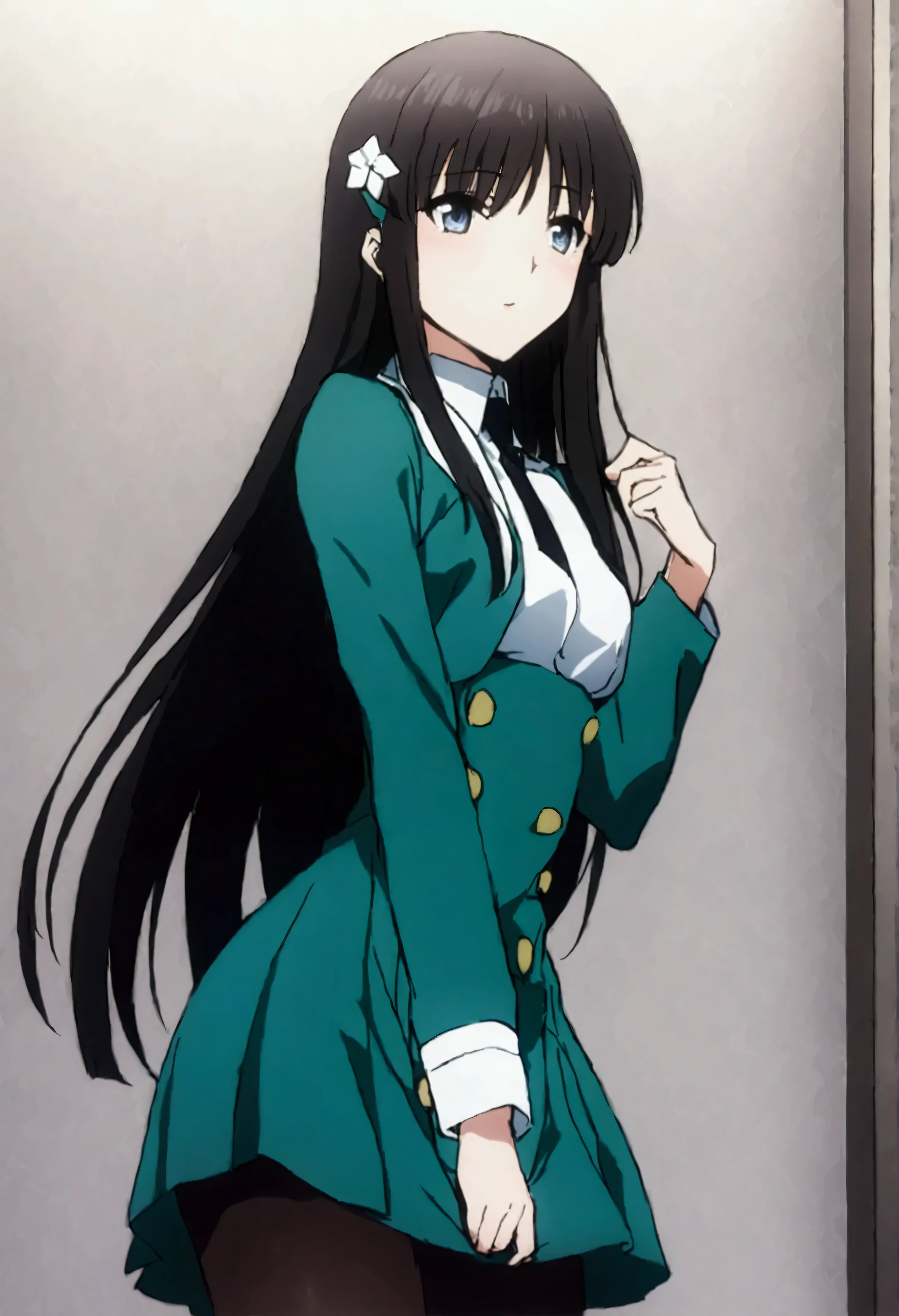 NSFW,masterpiece,Best Quality,High resolution,Very detailed,Shiba Miyuki\(The Irregular at Magic High School\),Long Hair、blue eyes、Black Hair、Hair accessories、ribbon、ヘアribbon、雪の結晶のHair accessories、bangs、鈍いbangs、Long sleeve、dress、uniform、pantyhose、tie、白いdress、黒いtie