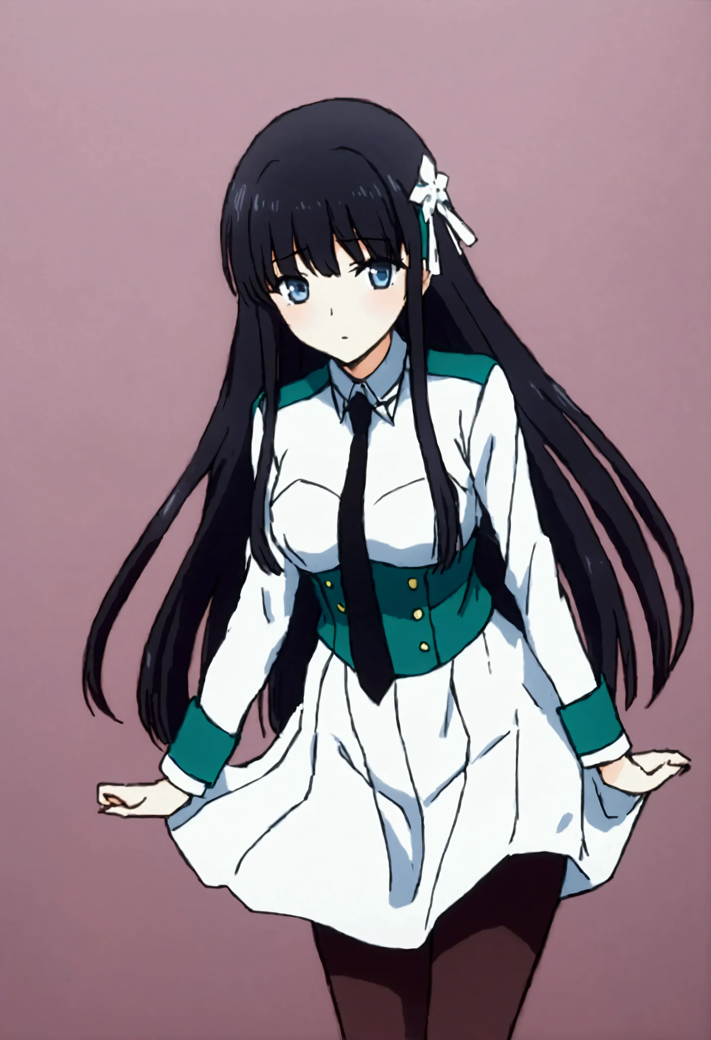 NSFW,masterpiece,Best Quality,High resolution,Very detailed,Shiba Miyuki\(The Irregular at Magic High School\),Long Hair、blue eyes、Black Hair、Hair accessories、ribbon、ヘアribbon、雪の結晶のHair accessories、bangs、鈍いbangs、Long sleeve、dress、uniform、pantyhose、tie、白いdress、黒いtie