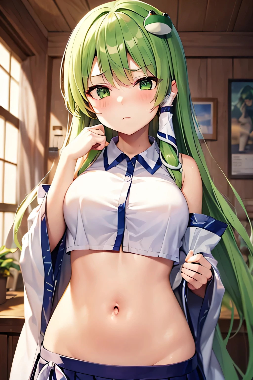 (Highest quality),(masterpiece), 8k,Very detailed, Detailed light, Best Shadow,Detailed reflective eyes, Beautiful Eyes, Very detailed face,Shiny Hair,sexy,1 girl, showing pubic area:, underboob, cleavage, JK, thong, crop top white shirt, sleeveless, sailor suit, super detailed face, lip details, half opened mouth, smile, fine green eyes, double eyelid, spread legs, one knee up, bedroom, Medium gloss, Beautiful thighs,Beautiful Skin,Glowing Skin