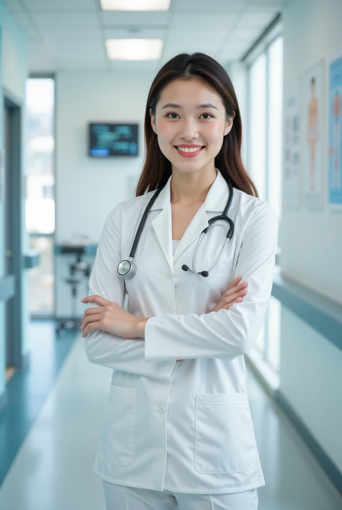 在专业诊所内的一位美丽的女性doctor, (Best quality, high resolution, Very detailed), Wear clean white work clothes, He has a stethoscope around his neck., She had a warm smile on her face. doctor&#39;Eyes with sharp outlines, Perfect nose shape, and sexy lips. The clinic is well-lit，Lots of natural light, Equipped with state-of-the-art medical equipment and informative medical charts. Bright and clean colors, Mainly white and light blue. Lighting is carefully balanced, create comfort、Well-lit environment. The overall style is realistic and realistic, Full of artistic atmosphere.