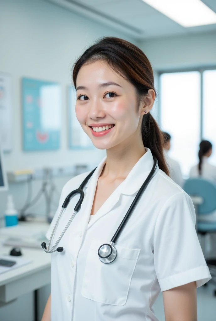 在专业诊所内的一位美丽的女性doctor, (Best quality, high resolution, Very detailed), Wear clean white work clothes, He has a stethoscope around his neck., She had a warm smile on her face. doctor&#39;Eyes with sharp outlines, Perfect nose shape, and sexy lips. The clinic is well-lit，Lots of natural light, Equipped with state-of-the-art medical equipment and informative medical charts. Bright and clean colors, Mainly white and light blue. Lighting is carefully balanced, create comfort、Well-lit environment. The overall style is realistic and realistic, Full of artistic atmosphere.