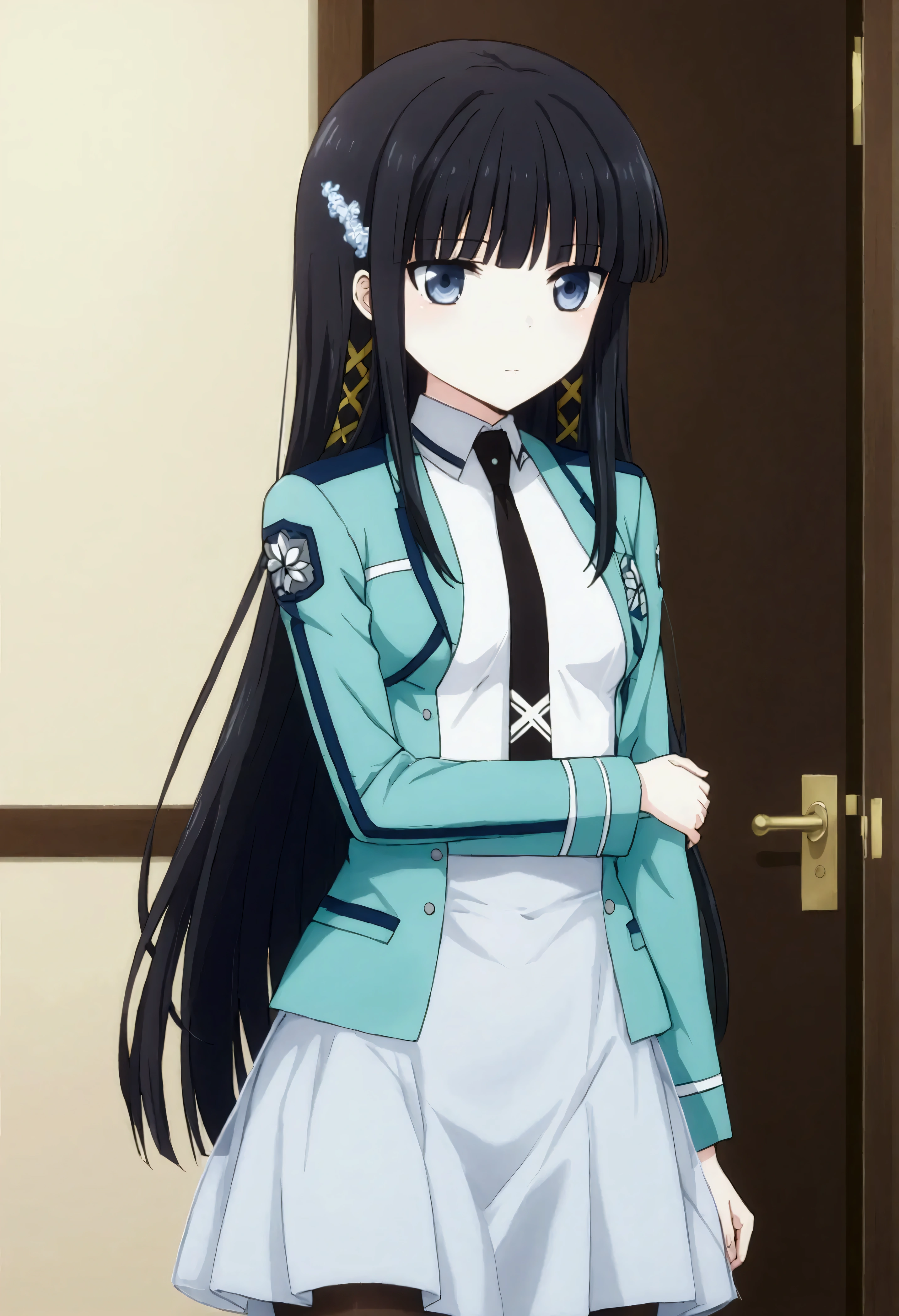 NSFW,masterpiece,Best Quality,High resolution,Very detailed,Shiba Miyuki\(The Irregular at Magic High School\),Long Hair、blue eyes、Black Hair、Hair accessories、ribbon、ヘアribbon、雪の結晶のHair accessories、bangs、鈍いbangs、Long sleeve、dress、uniform、pantyhose、tie、白いdress、White Skirt,黒いtie