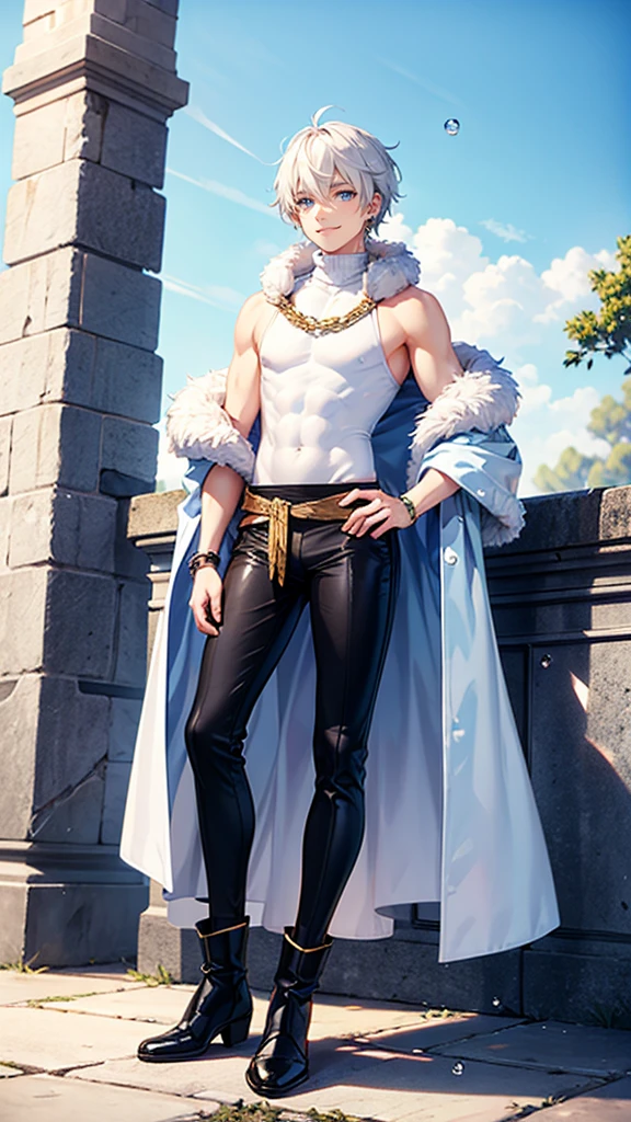 A muscular Korean man in a wonderland, 20 years, Wear a rich white color with snow. (Layer of fur on shoulders and back) With a very long battery life, Underneath which his very muscular body could be seen., Focus on the male body. Above his head, there was a halo surrounded by white clouds and golden divine light., (Its body was decorated with gold chains filled with precious gems., Finger Ring), (Heavy belt with gold bra with sparkling gems.). Seductive crotch. He has short, shaved black hair and large, expressive green eyes.. The clock ticks in the distance.. This scene looked like something out of the realm of fantasy or legend seen from above.