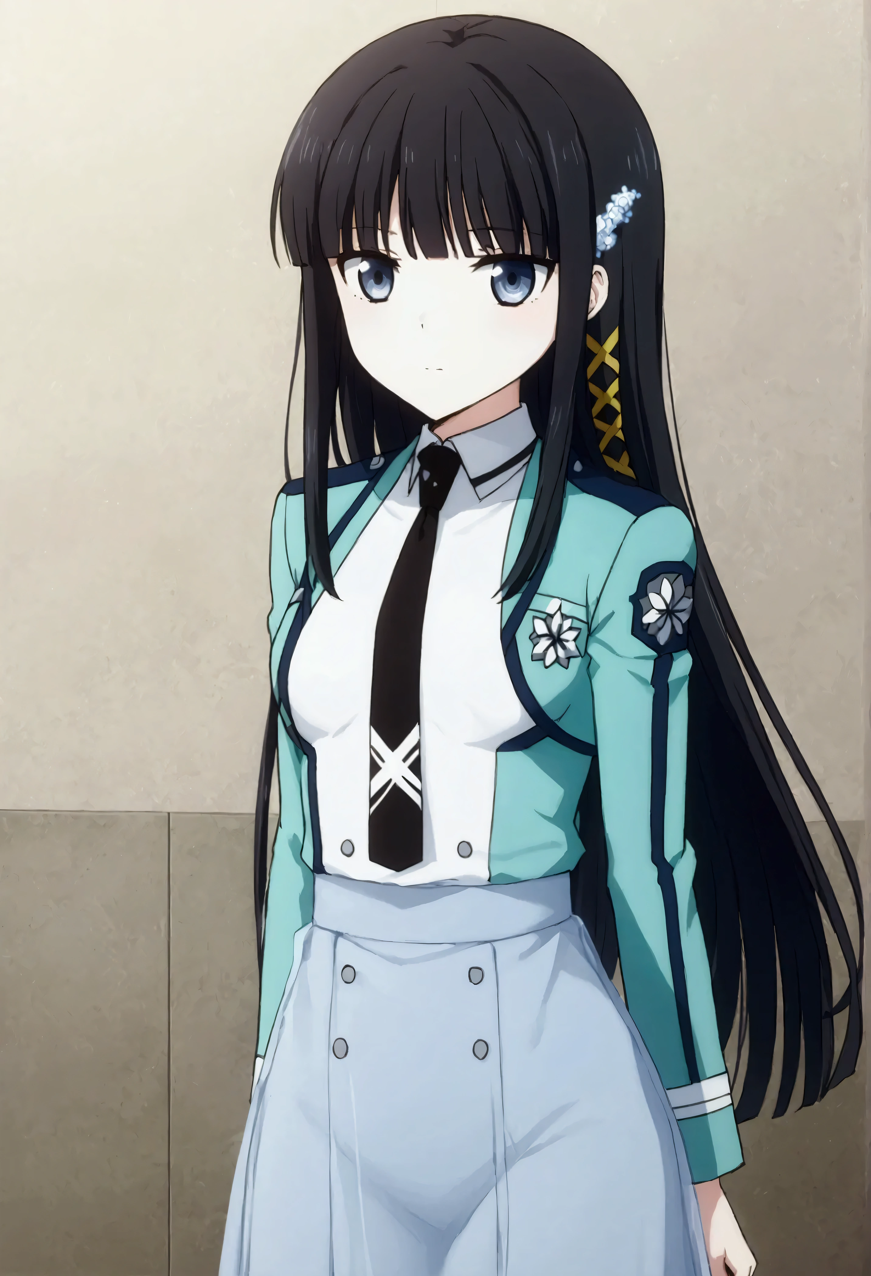 NSFW,masterpiece,Best Quality,High resolution,Very detailed,Shiba Miyuki\(The Irregular at Magic High School\),Long Hair、blue eyes、Black Hair、Hair accessories、ribbon、ヘアribbon、雪の結晶のHair accessories、bangs、鈍いbangs、Long sleeve、dress、uniform、pantyhose、tie、白いdress、White long skirt,黒いtie