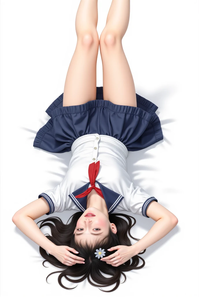 ((masterpiece,high resolution,Best quality,8K))
(Satin Tears)(1 female,Long black hair,Small Breasts,,Flower Hairpin)
(White sailor suit,Red tie,Blue Skirt)Open your legs,Aheiyan,Supine,upside down,Wet