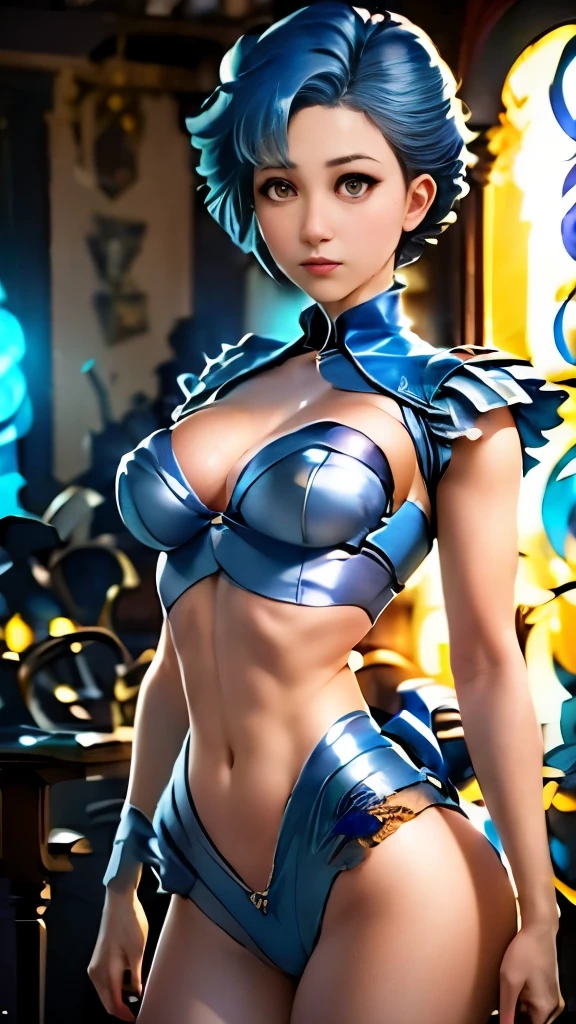 (masterpiece), (best quality), realistic, cinematic light, Mizuno Ami, Sailor Mercury, stand, battlefield background, perfect body, blue hair, uniform  