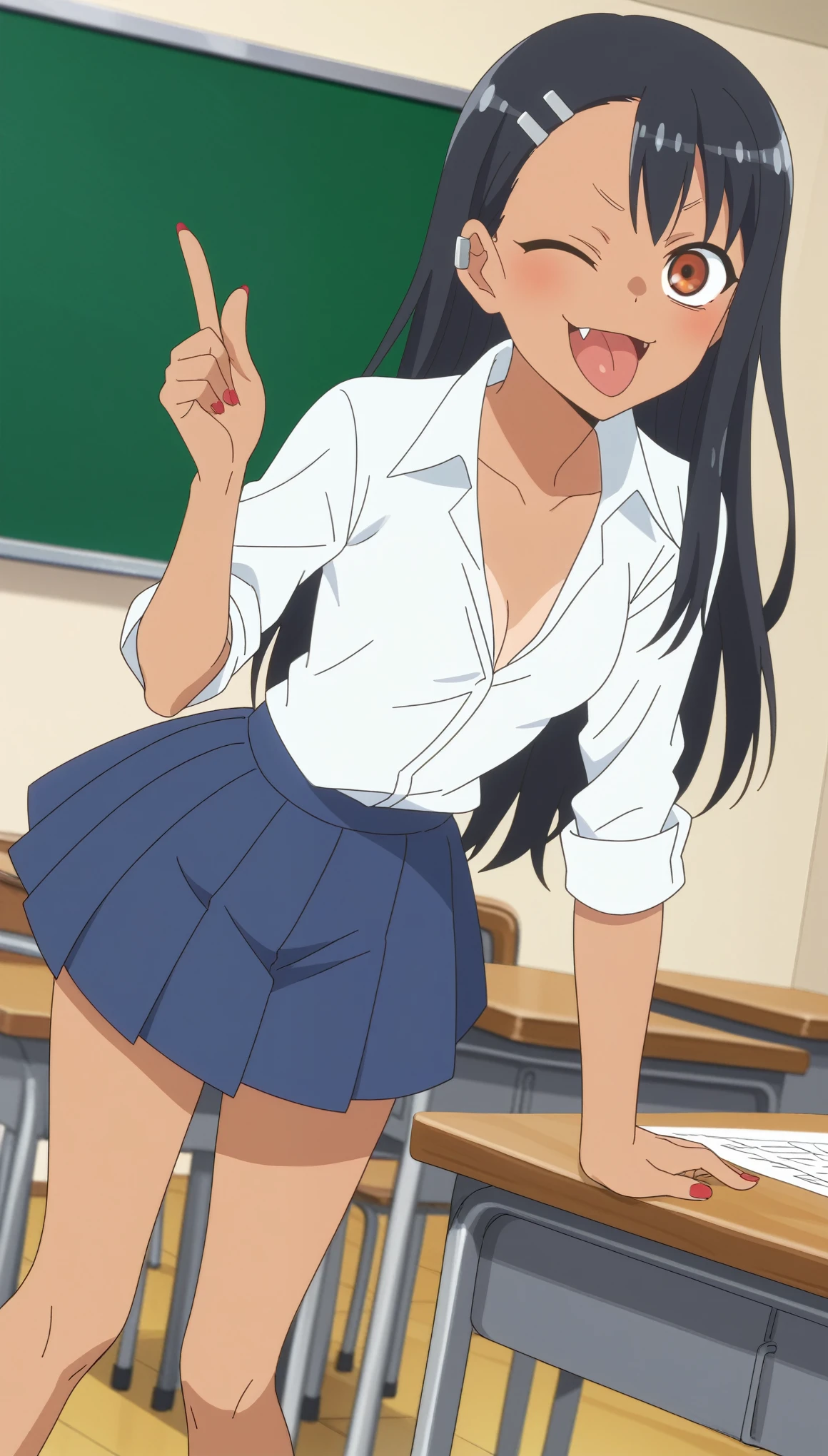 score_9, score_8_up, score_7_up, source_anime, anime screencap, anime coloring, 
hayasenagatoro,
hayase nagatoro, long hair, bangs, black hair, hair ornament, brown eye, hairclip, fang, dark skin, dark-skinned female, tan, nail polish, red nails, earclip, cleavage, small breasts, clavicle, skirt, shirt, white shirt, pleated skirt, blue skirt, slim body, slim waist, thighs, (Beautiful, small breasts: 1.2), natural breasts,
indoors, classroom, bent over,
looking at viewer, cowboy shot, solo, dutch angle, half body, stand, from the front, akanbe face, (index finger at eye), (tongue out, one eye closed) 