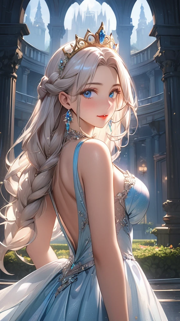 Straight Hair、White Hair, highly detailed braided hair, Princess tiara, ((Highly detailed sexy Princess Gown)), Looks about , (beautiful girl: 1.3),1girl,Highest quality,8k,Highly detailed CG unit wallpaper,masterpiece:1.2,Highest quality,Ultra-high resolution,RAW Photos,Realistic textured skin,Cinema Lighting,enjoy,Big eyes,Detailed eyes,Glossy lipstick,Perfect Makeup,Ultra-high definition beauty face, palace, ancient metropolis, voluptuous,(Big, round and beautifully shaped butt),(Standing in palace gardens),(Panoramic View),night,Detailed night sky, ((pale blue eyes)), freckles, (elegant and regal)