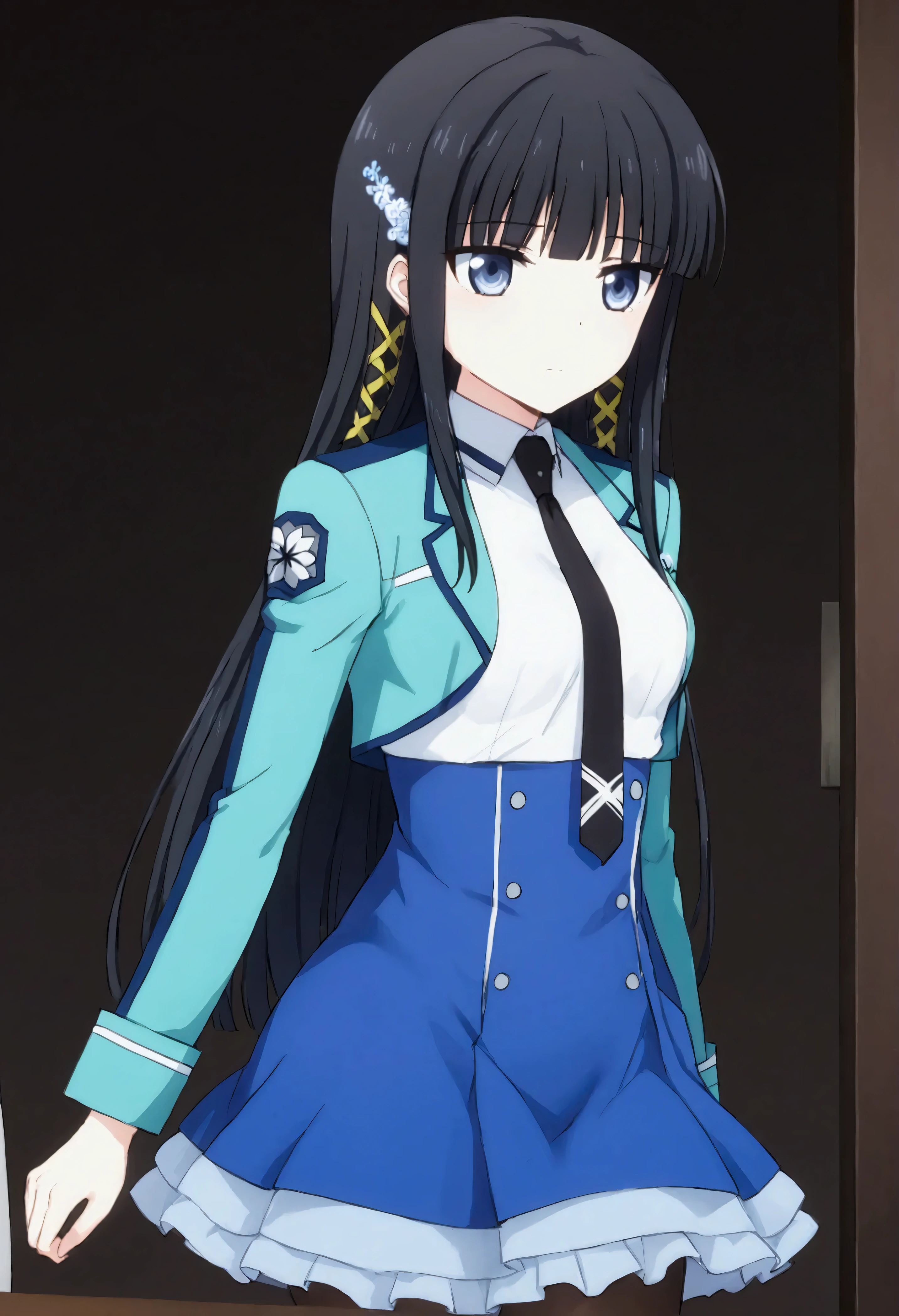 NSFW,masterpiece,Best Quality,High resolution,Very detailed,Shiba Miyuki\(The Irregular at Magic High School\),Long Hair、blue eyes、Black Hair、Hair accessories、ribbon、ヘアribbon、雪の結晶のHair accessories、bangs、鈍いbangs、Long sleeve、dress、uniform、pantyhose、tie、白いロングdress、黒いtie