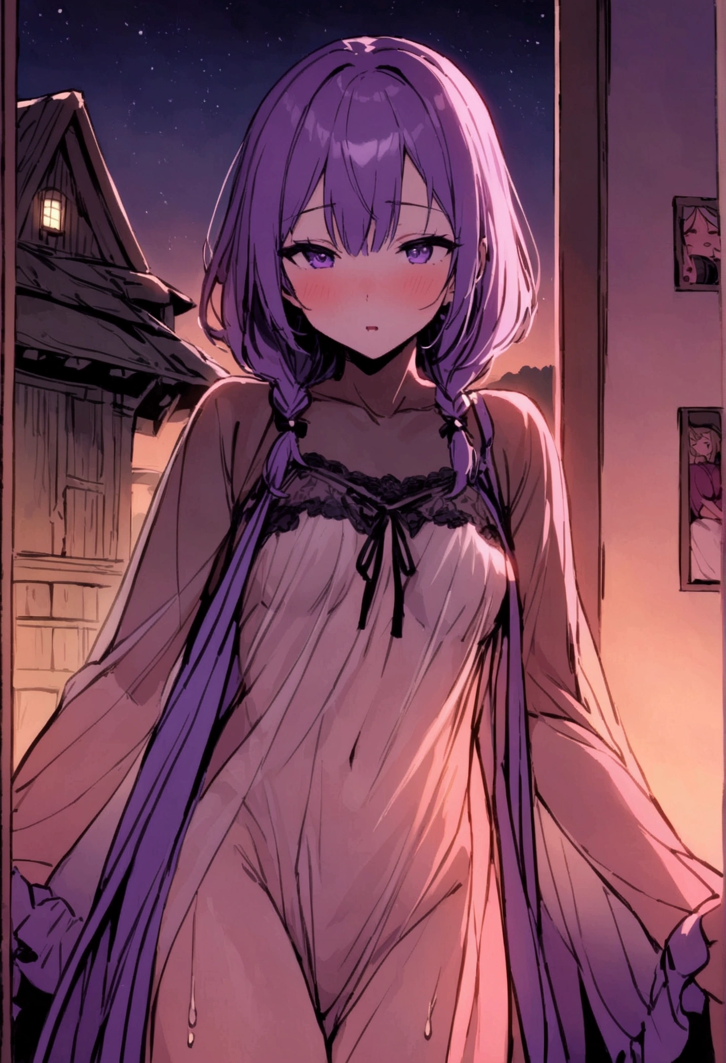 <lora:nakedcloak-kojim:0.8>, sexy woman wearing naked cloak, exposed breasts, nipples, visible pussy, flirty pose, purple cloak, purple hair, cat ears, yellow eyes || skin, hair, clothing, masterpiece, 8k, high resolution, shallow depth of field, sharp focus