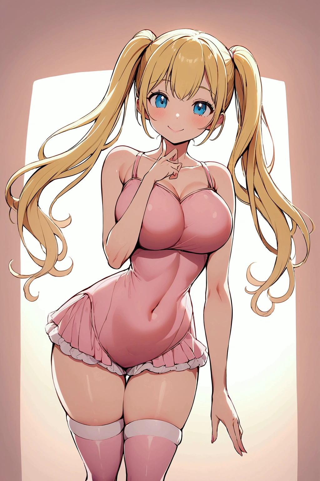 Image of a cute blonde haired girl with 2 pigtails , blue eyes cute face and detailed perfect slender body, big tits and heavy, Wide hips and a slender waist, PINK DRESS , short thigh high stockings big and shapely, ballet slippers, ,smiles happily at the viewer 