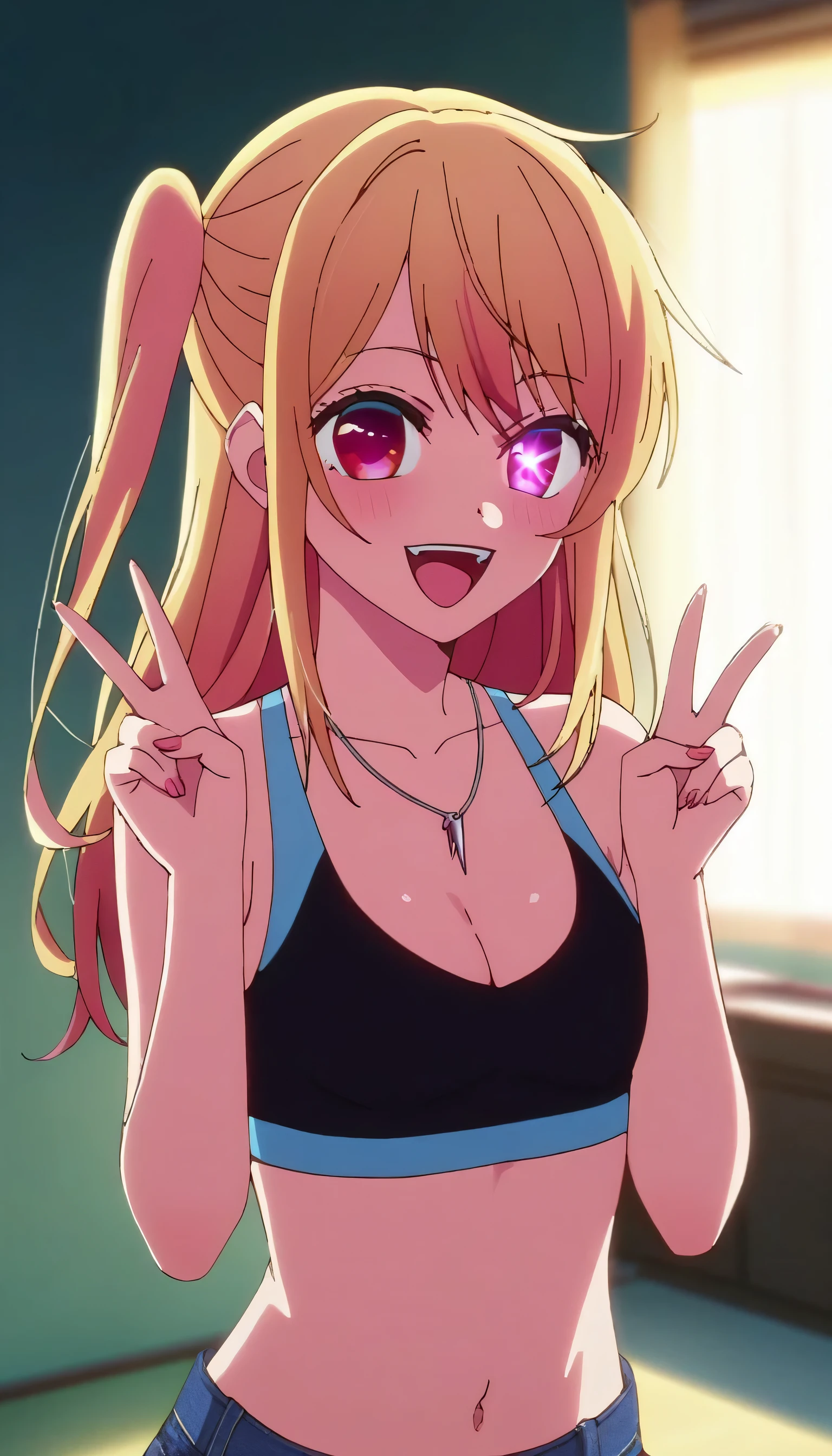 1girl, hoshinoruby, solo, star-shaped pupils, long hair, one side up, blonde hair, small breasts, BREAK
cleavage, clavicle, bare arms, bare shoulders, belly, stomach, navel, sport bra, denim short, mini short, necklace, sparkling aura, BREAK
upper body, portrait, smile, open mouth, :d, (fangs:0.8), double v, BREAK
backlighting, score_9, score_8_up, score_7_up, score_6_up, anime, fizrotart, glowing eyes,
(high quality, detailed, beautiful), shiny, detailed beautiful eyes, outstanding, countershading, detailed soft lightning, 